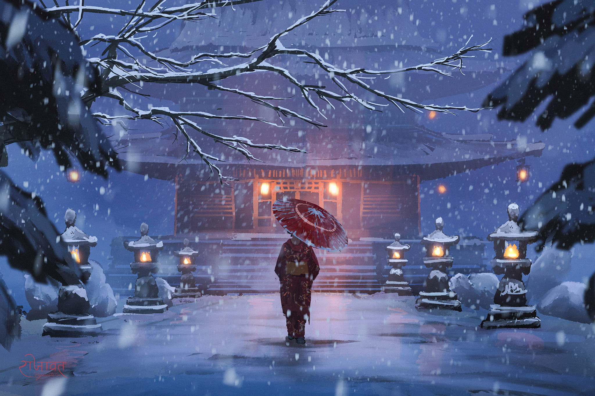 Anime Anime Girls Umbrella Snow Artwork 2D Temple 2048x1365