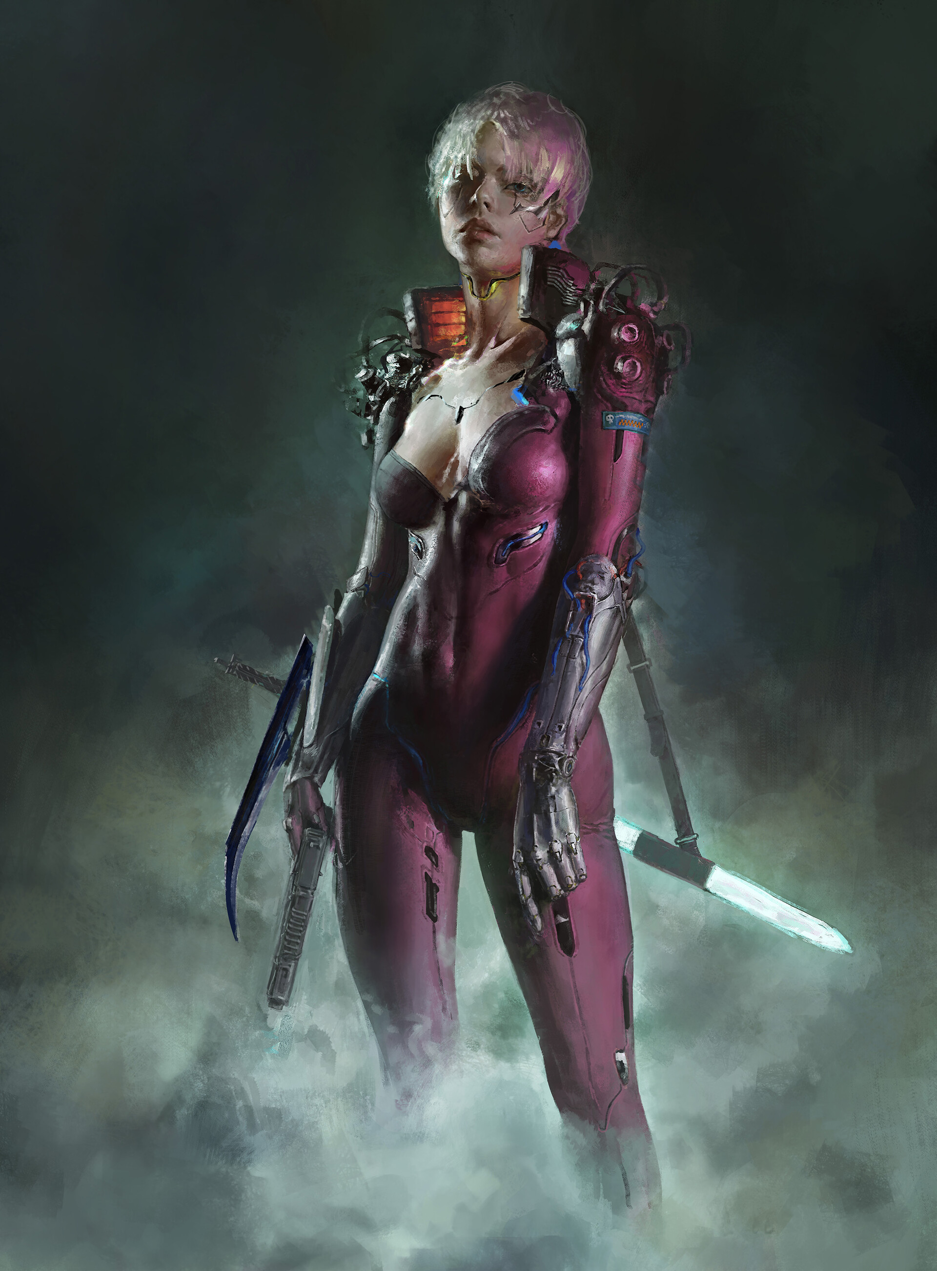 Artwork Women Cyberpunk Cyborg Science Fiction Machine Futuristic Looking At Viewer Girls With Guns  1920x2603