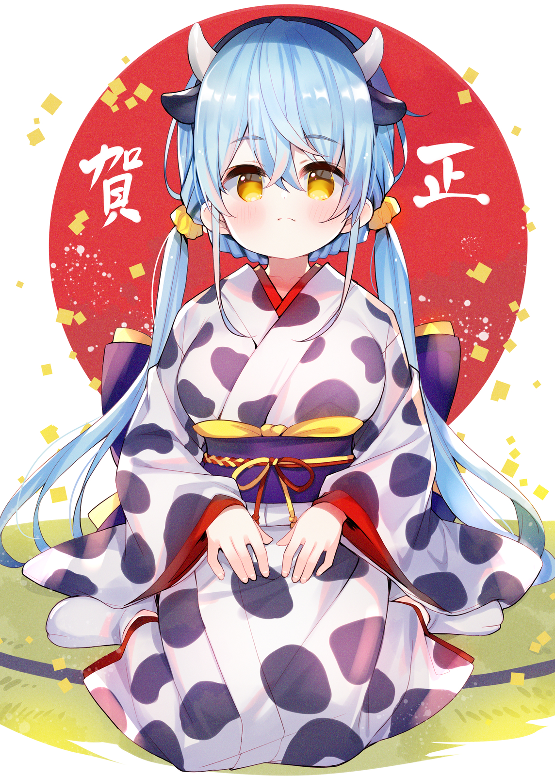 Cow Blue Hair Yellow Eyes Kimono Ribbon Confetti Twintails 1144x1600