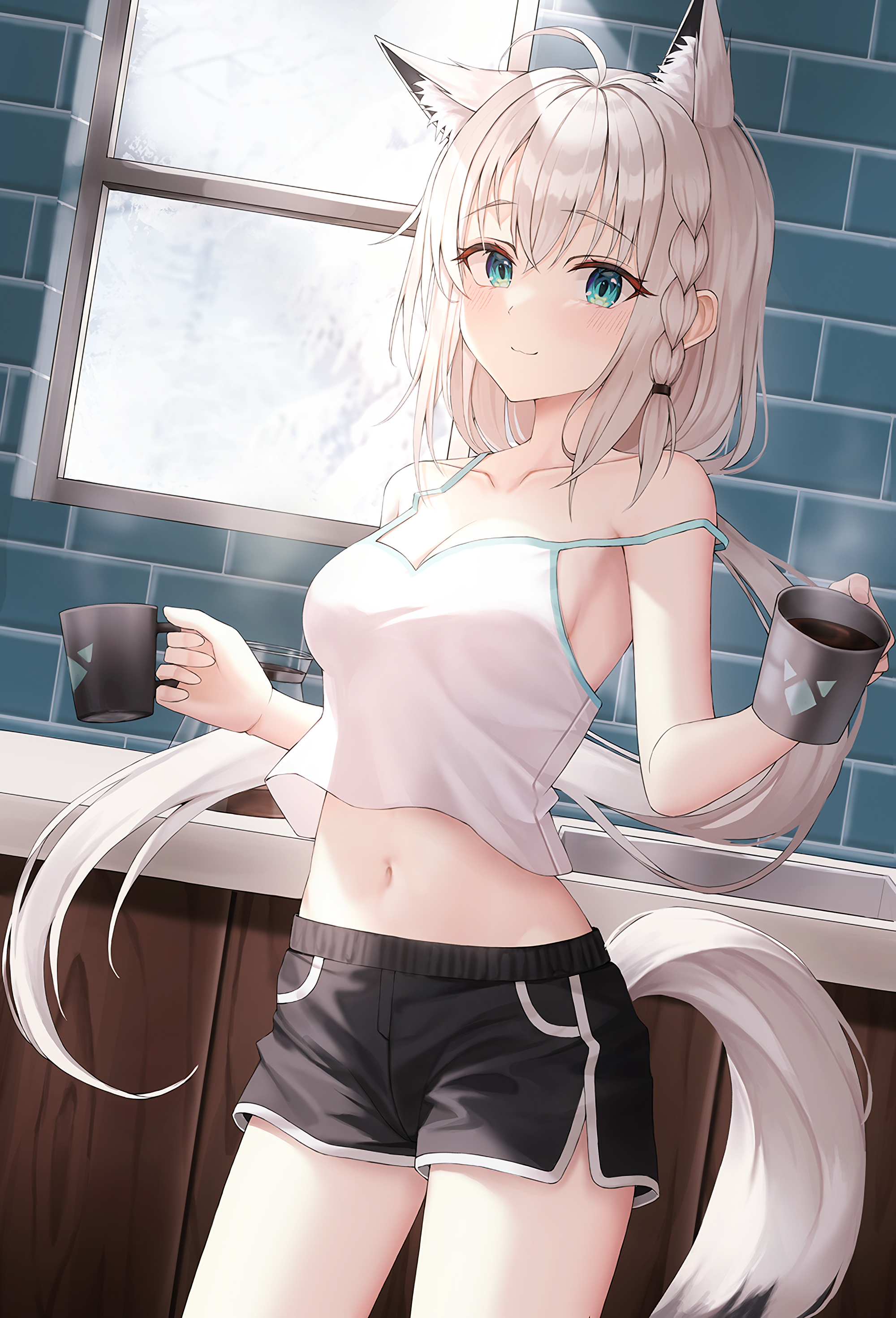 Anime Anime Girls Digital Digital Art 2D Cat Ears Coffee Shorts Dolphin Shorts White Hair Braided Ha 2000x2940