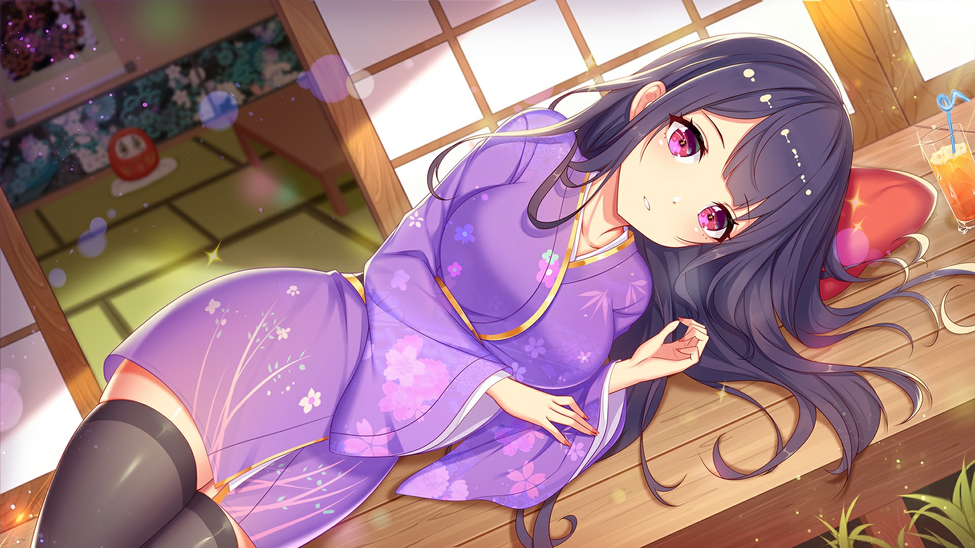Looking At Viewer Anime Girls Long Hair Lying On Side Japanese Clothes Thigh Highs Dark Hair Red Eye 1920x1080
