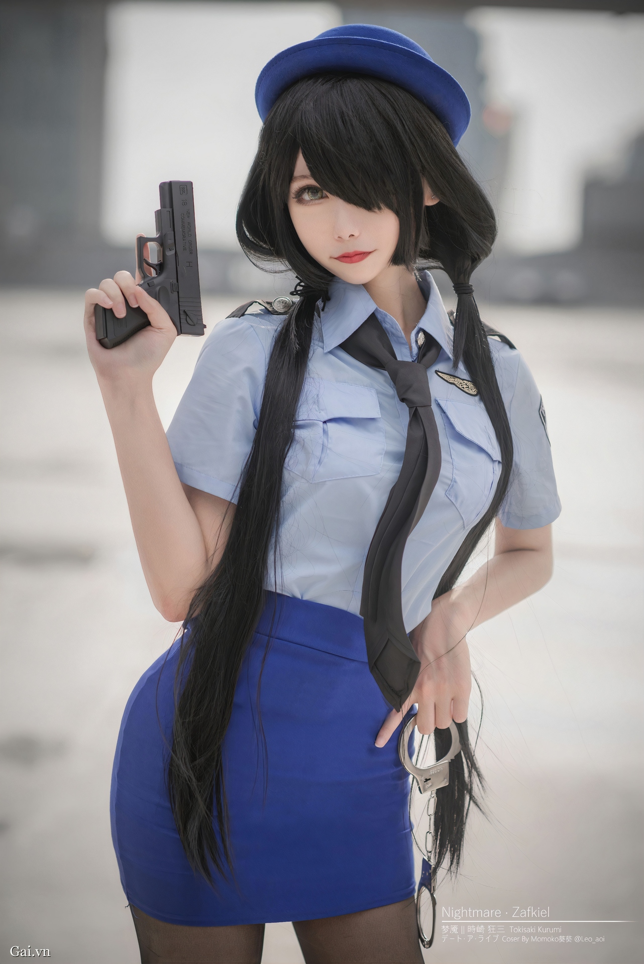 Momoko Aoi Women Model Asian Tokisaki Kurumi Date A Live Police Costume Hat Blue Miniskirt Pistol Bl 1282x1920