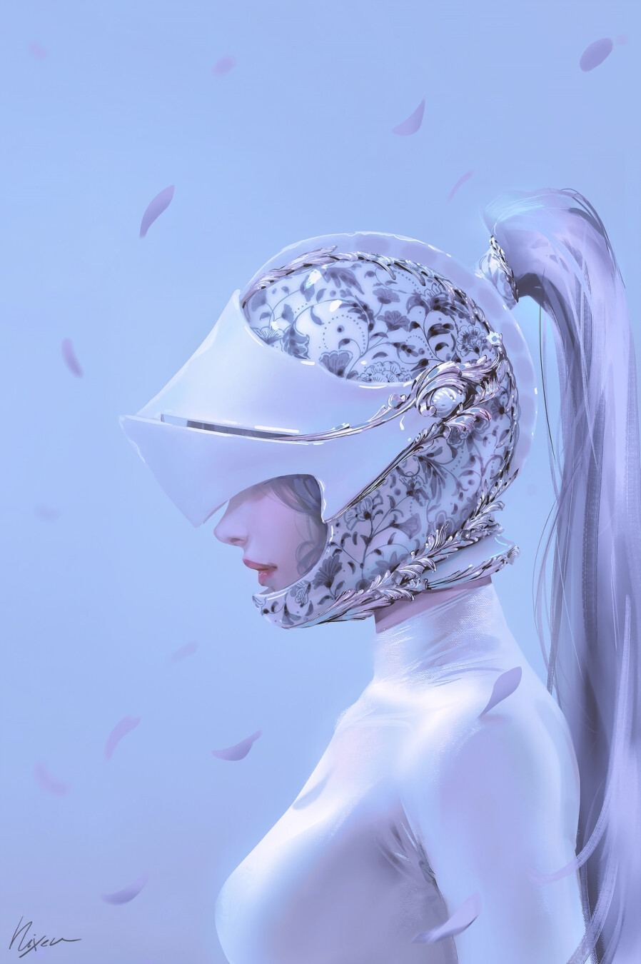 Nixeu Drawing Women Profile Ponytail Helmet Covered Eyes Feathers 898x1350