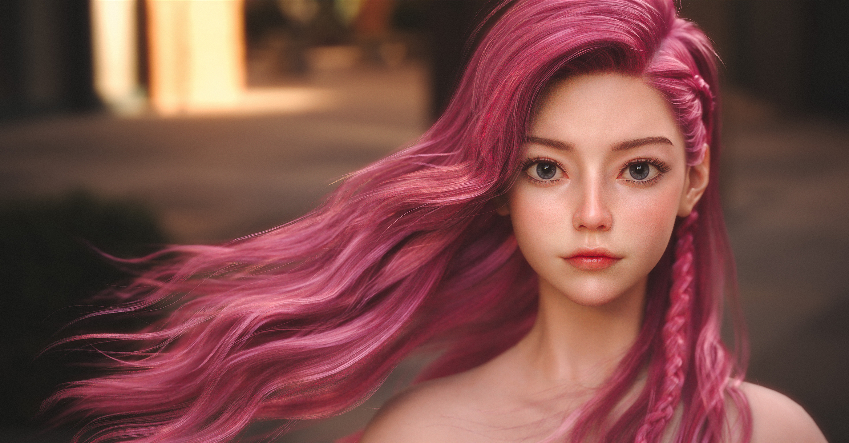 Chen Wang CGi Women Pink Hair Makeup Blush Wind Long Hair Portrait 2757x1440
