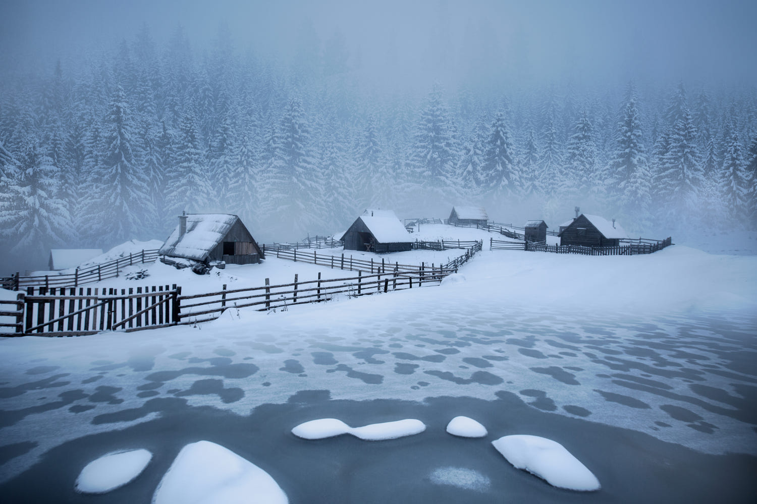 Winter Snow Forest Cabin Frozen Lake Pine Trees Cold 1500x1000