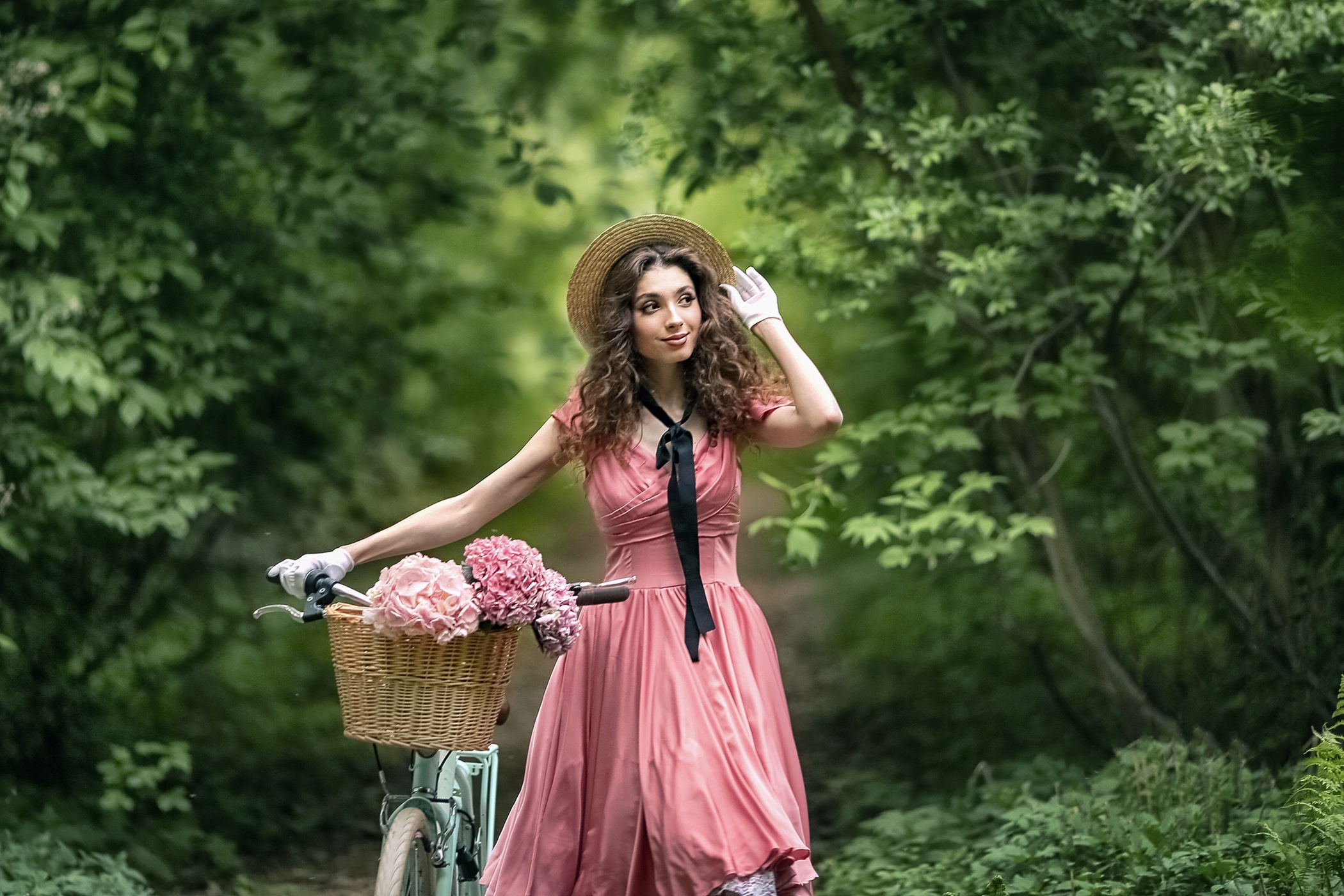 Women Dress Pink Dress Standing Bicycle Women With Bicycles Vehicle Hat Women With Hats Straw Hat Fl 2100x1400