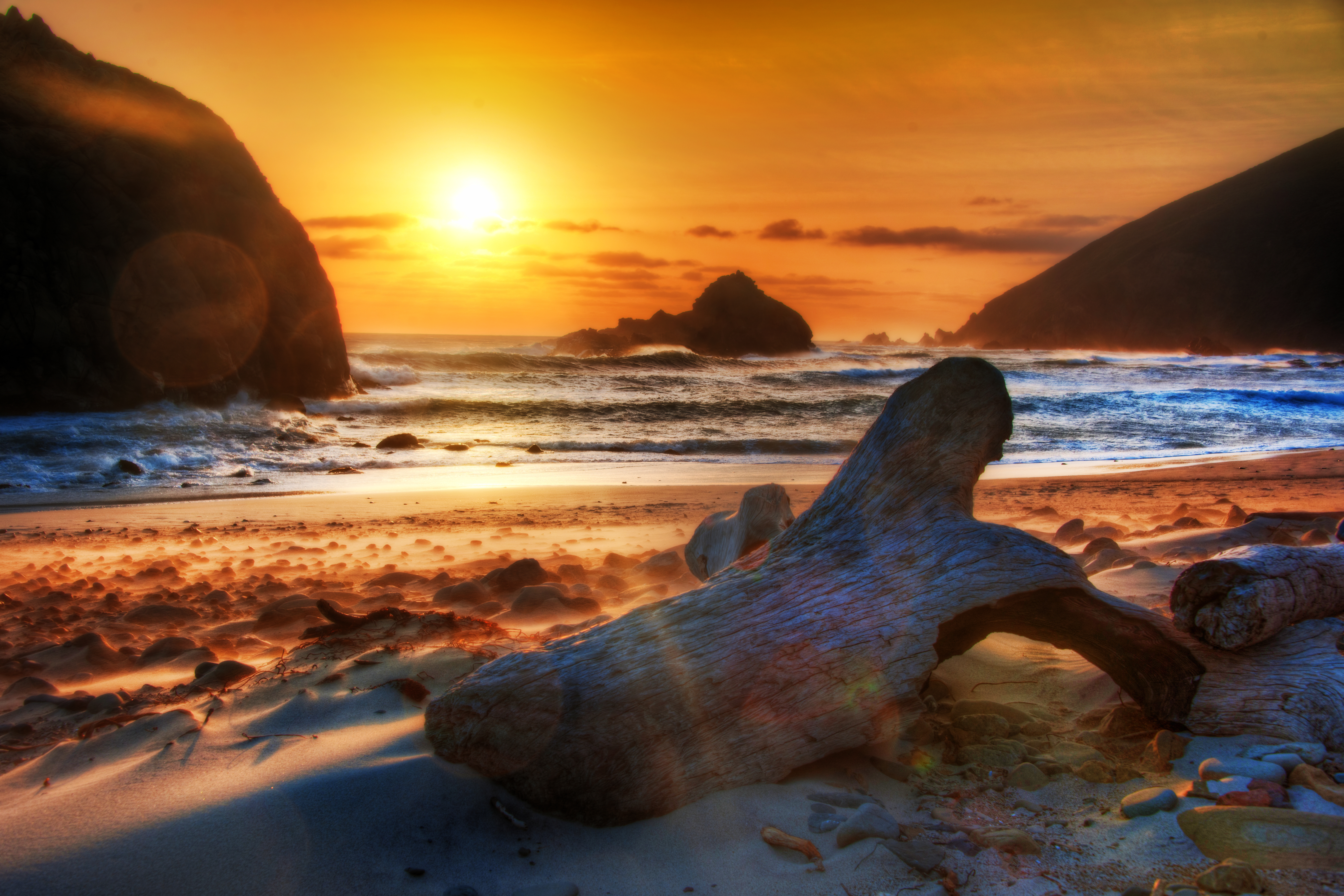 Driftwood Sea California Sky Sunset Seascape Wave Rock Sunshine 6048x4032