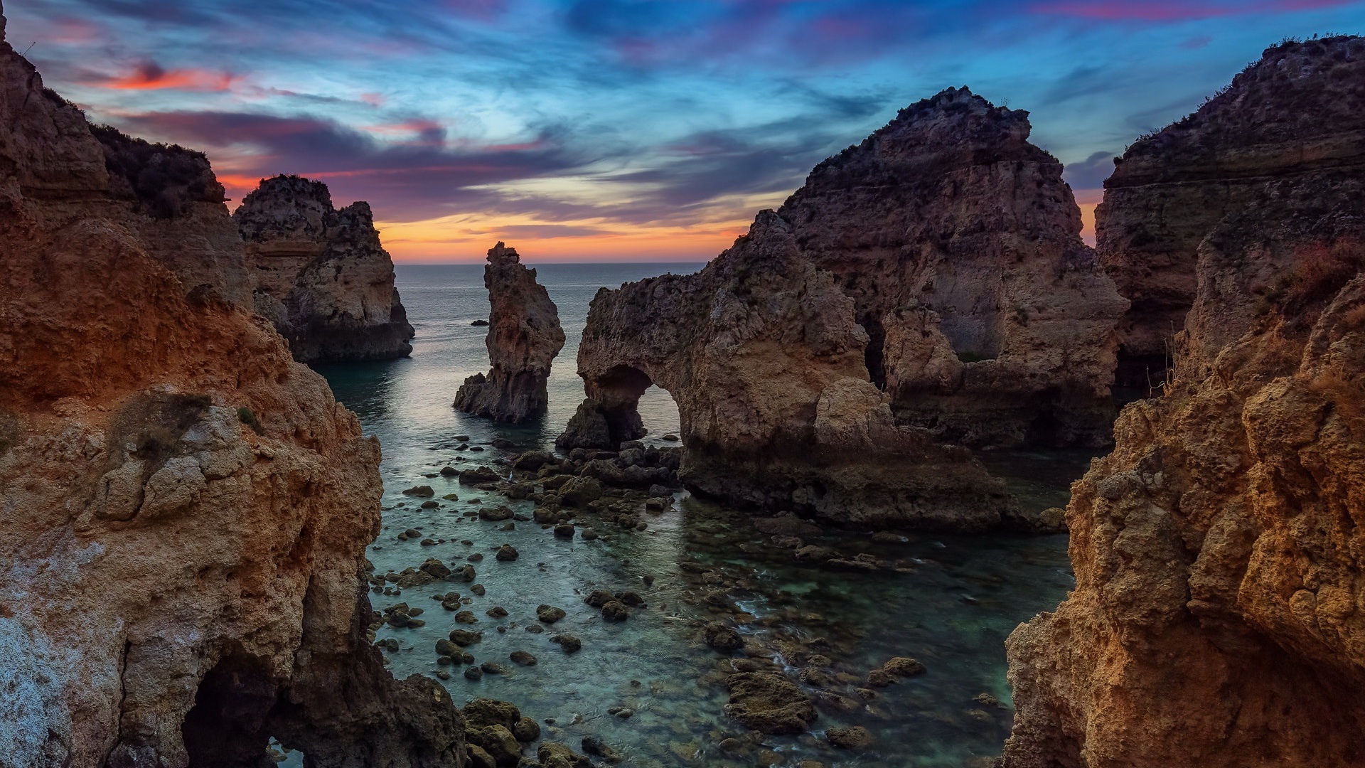 Outdoors Nature Coast Sea Rock Cliff Rock Formation Lagos Algarve 1920x1080