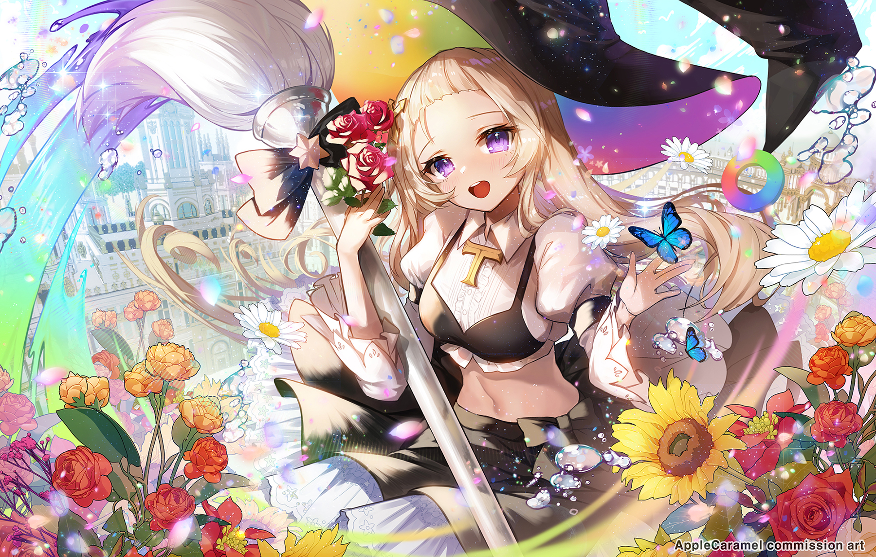 Anime Anime Girls Purple Eyes Blonde Flowers Plants Fantasy Girl Looking At Viewer Open Mouth 1800x1144