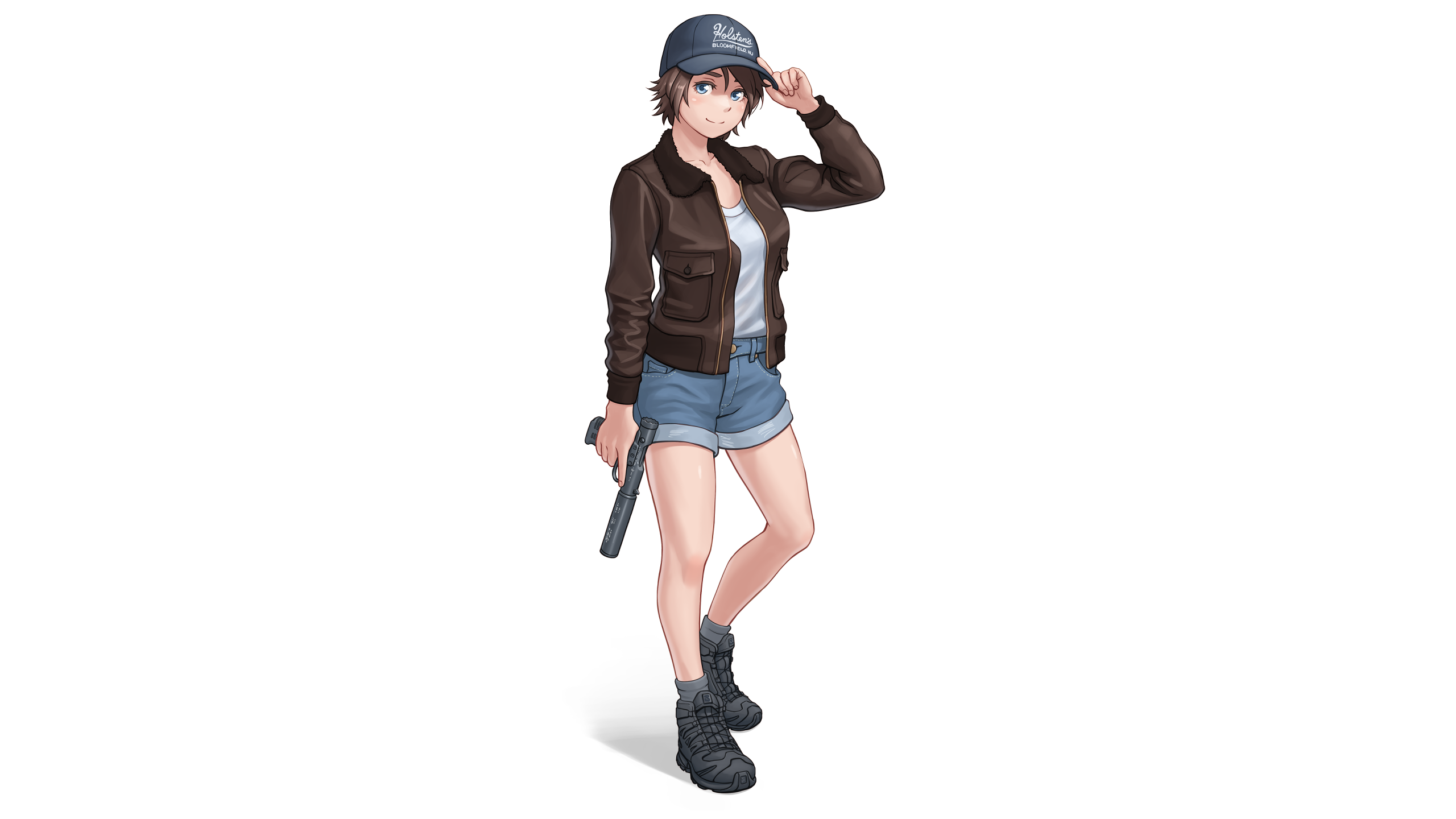Gun Jacket Shorts Hat Brunette Original Characters KZM 2560x1440