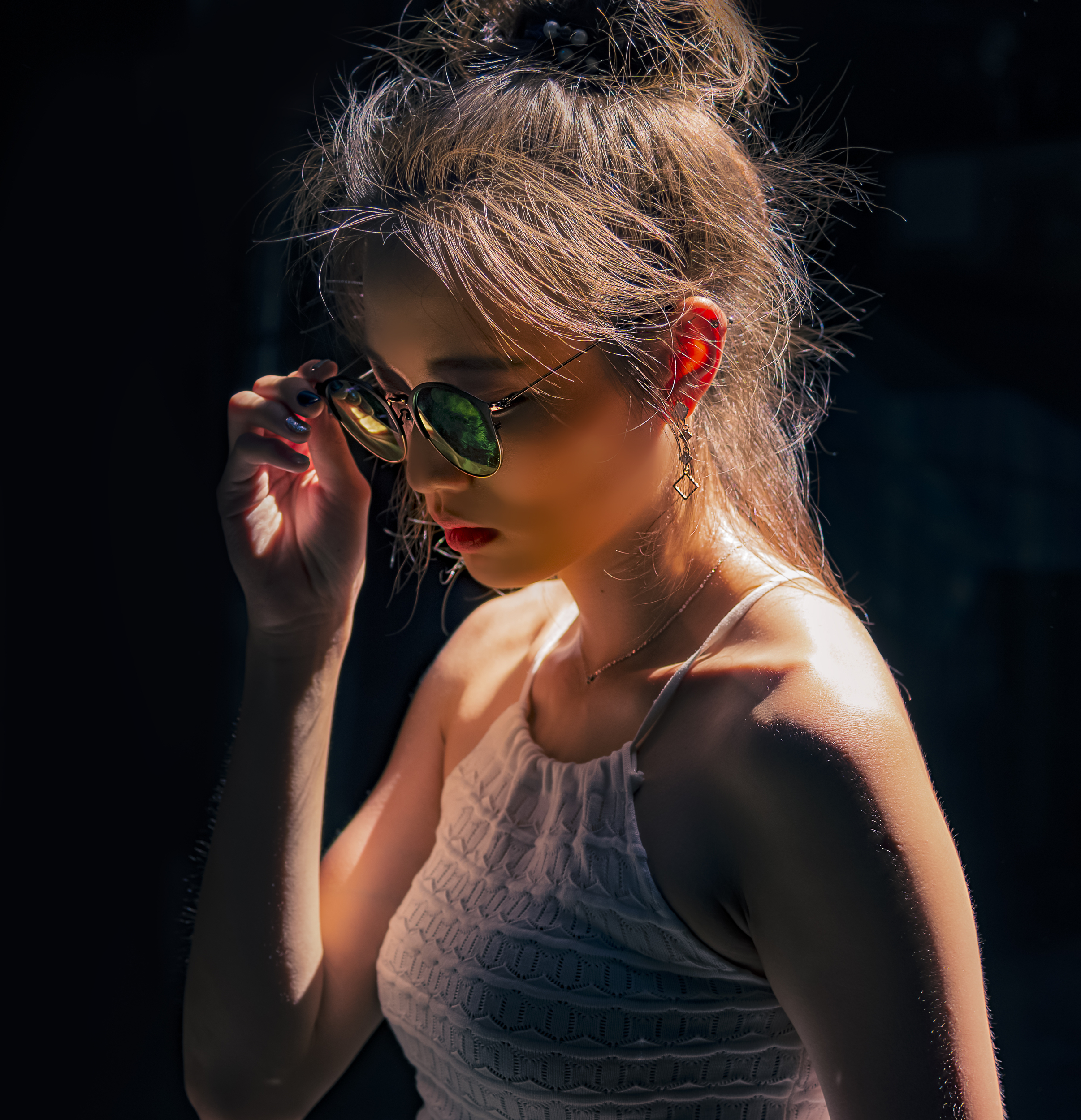 Asian Sunglasses White Tops Shadow Portrait 2412x2500