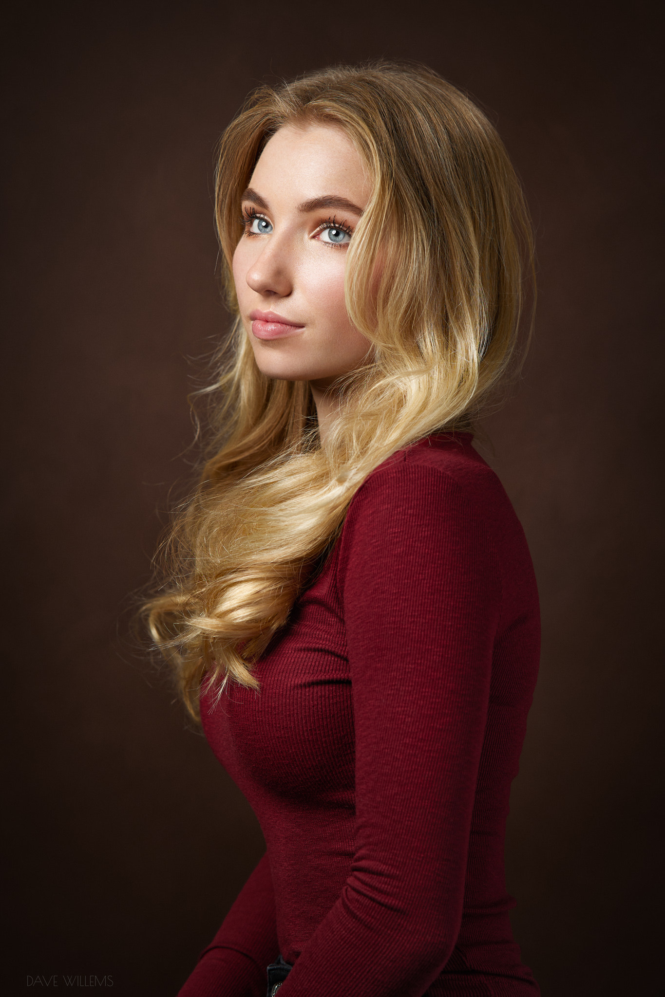 Dave Willems Women Blonde Long Hair Wavy Hair Looking Up Blouse Red Clothing Simple Background Gray  1365x2048