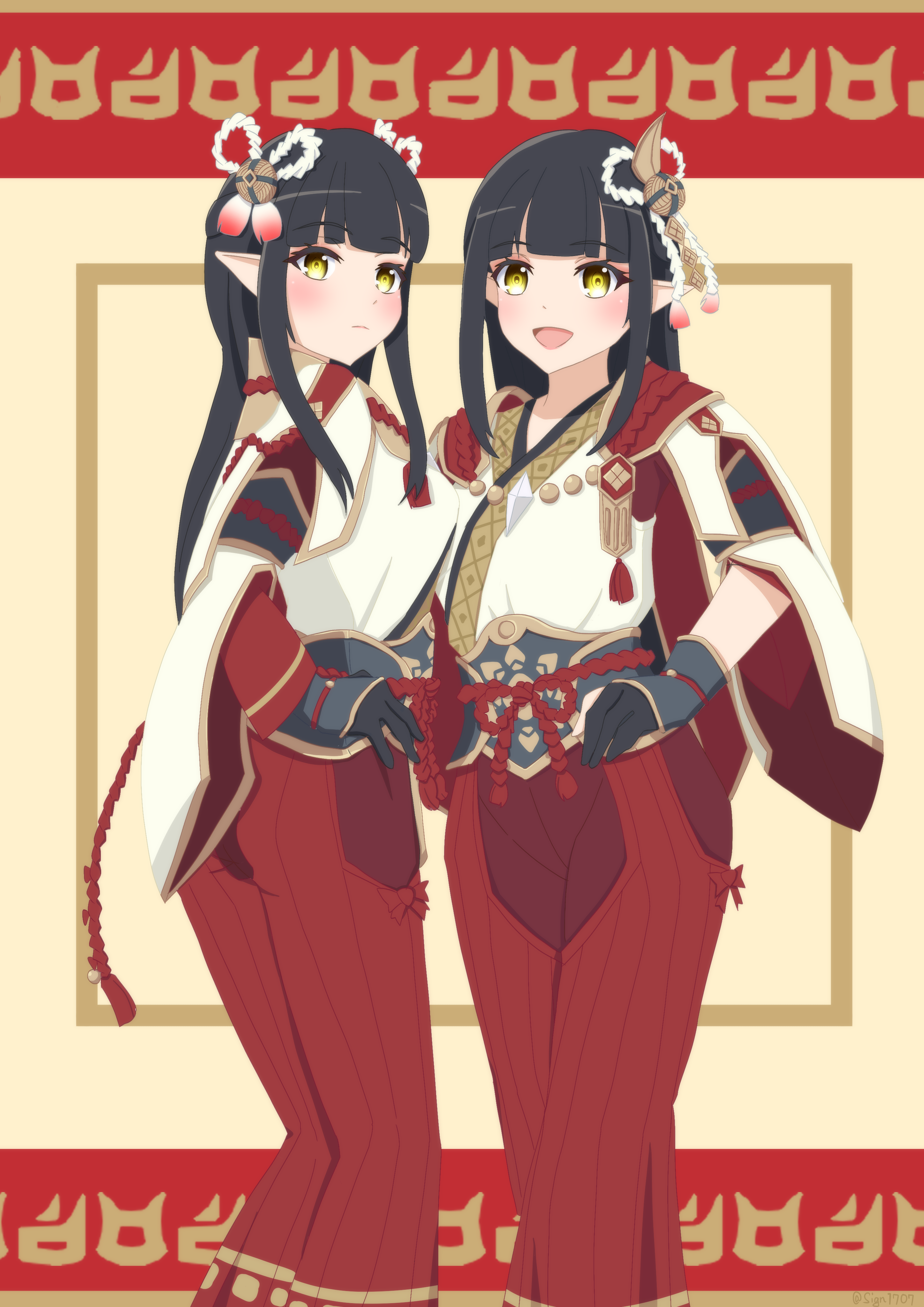 Anime Anime Girls Monster Hunter Monster Hunter Rise Twins Pointy Ears Long Hair Black Hair Hinoa Mi 2894x4093
