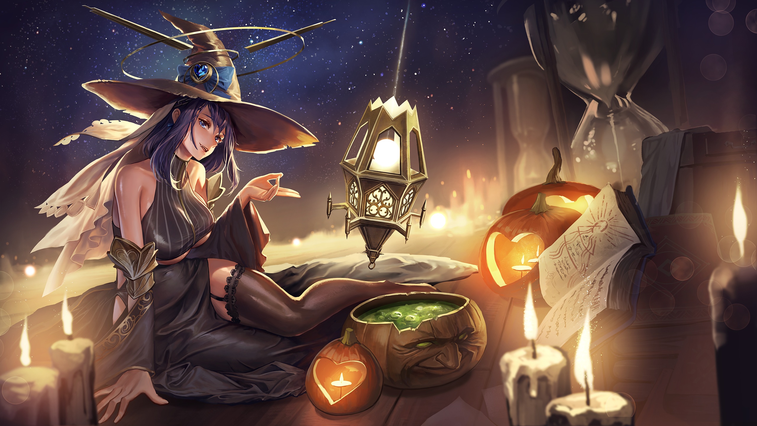 Anime Anime Girls Ouro Kronii Virtual Youtuber Hololive Artwork Santafe99 Halloween Witch Witch Hat  2560x1440