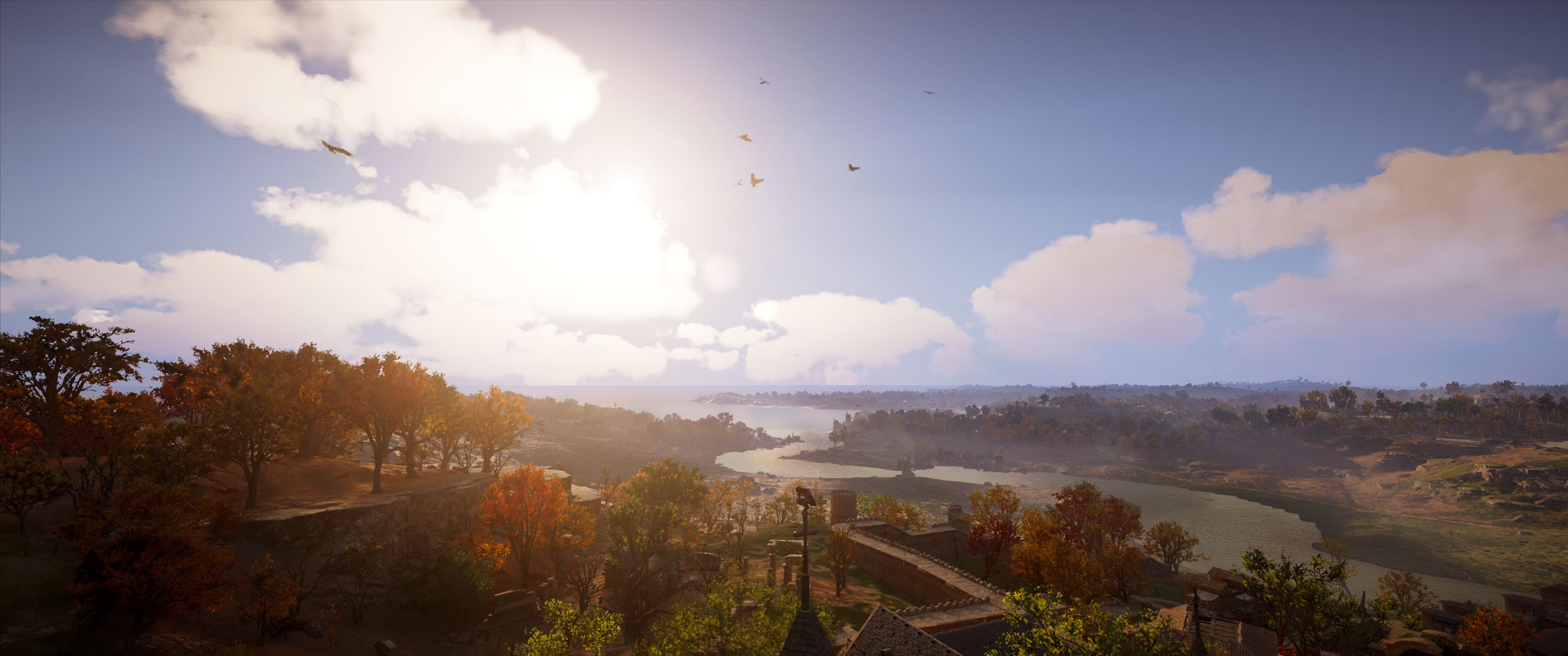 Landscape Assassins Creed Valhalla Trees Mountains Clouds Clear Sky 3440x1440