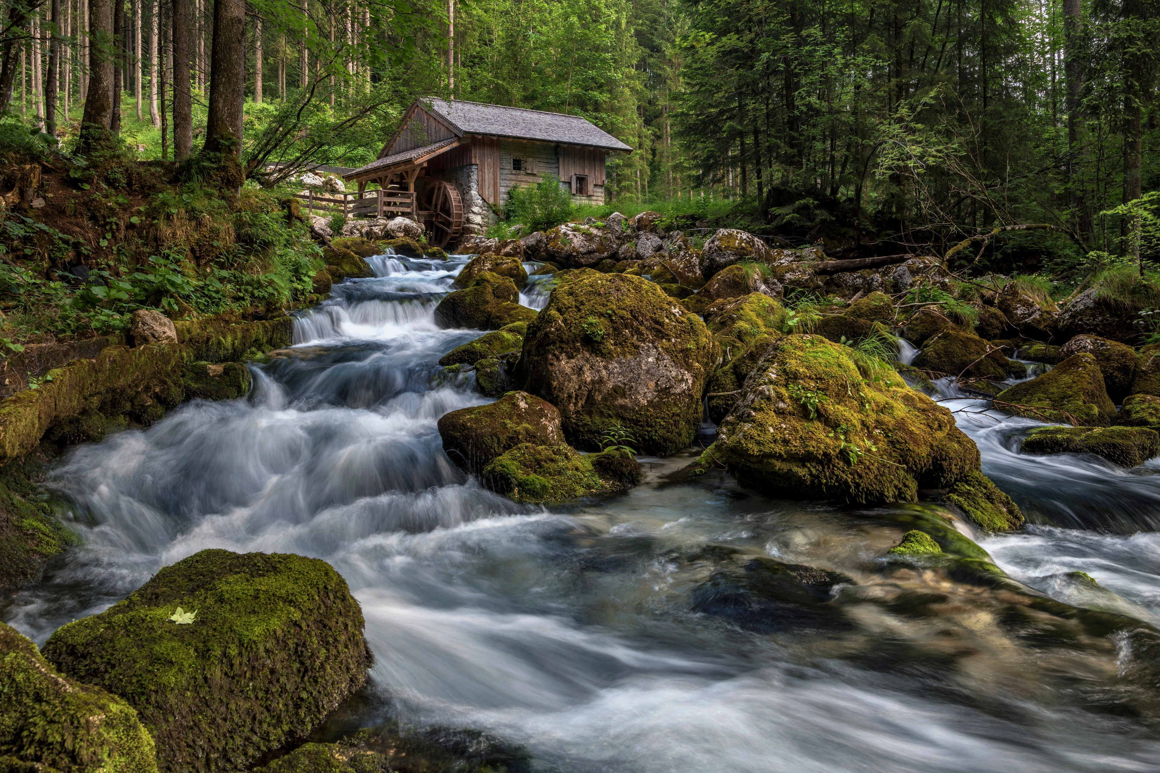 Austria Nature Stream Forest Stones Moss Watermills House 3840x2560