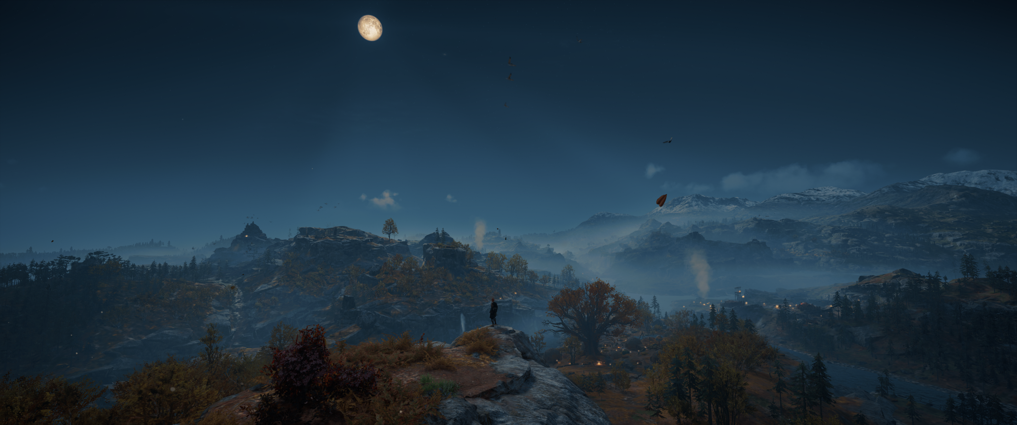 Landscape Assassins Creed Valhalla Trees Mountains Clouds Clear Sky 3440x1440