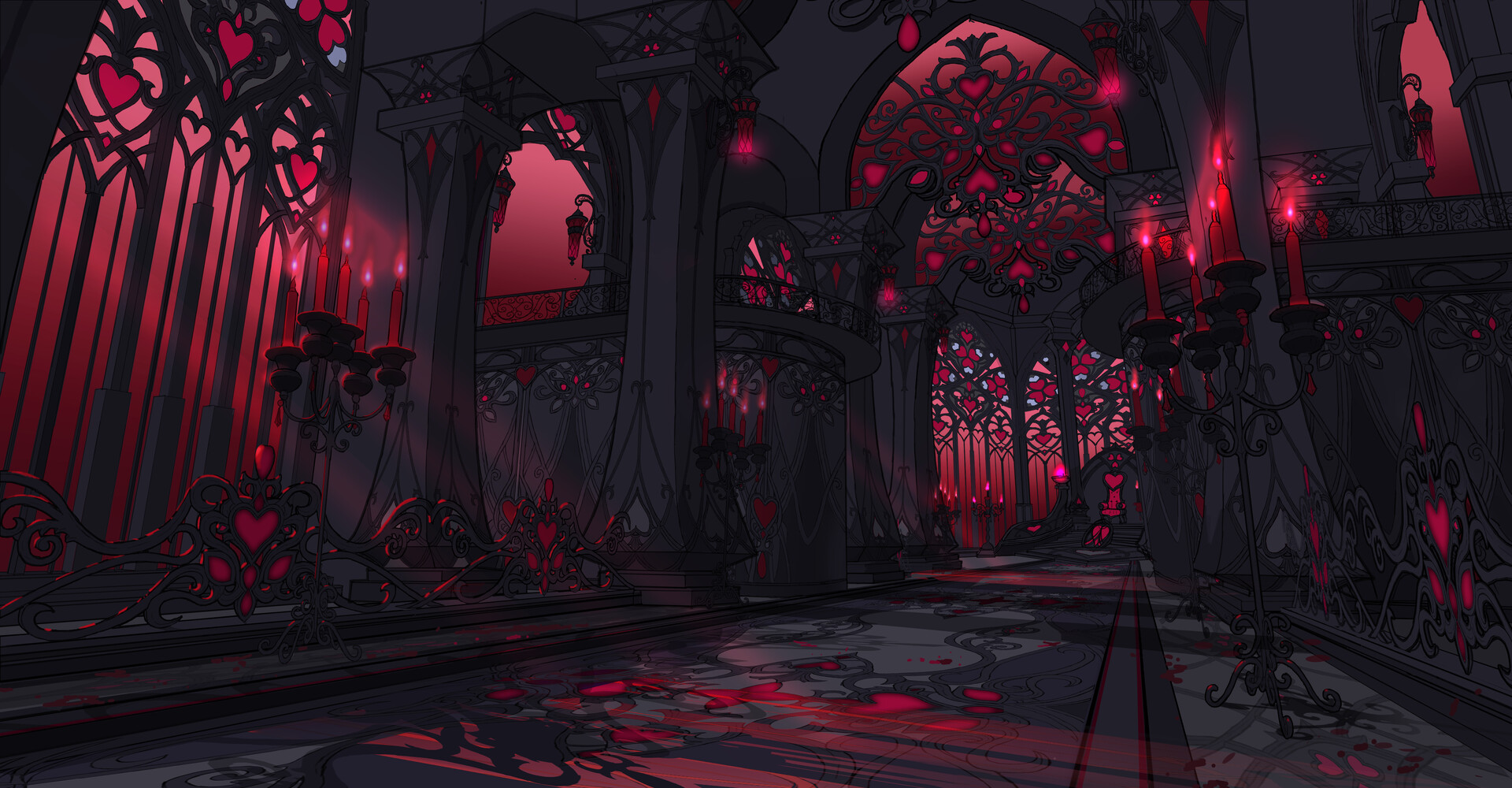Liuying JP Digital Art Fantasy Art Heart Stained Glass Cathedral Red Candles Hallway Throne 1920x1000