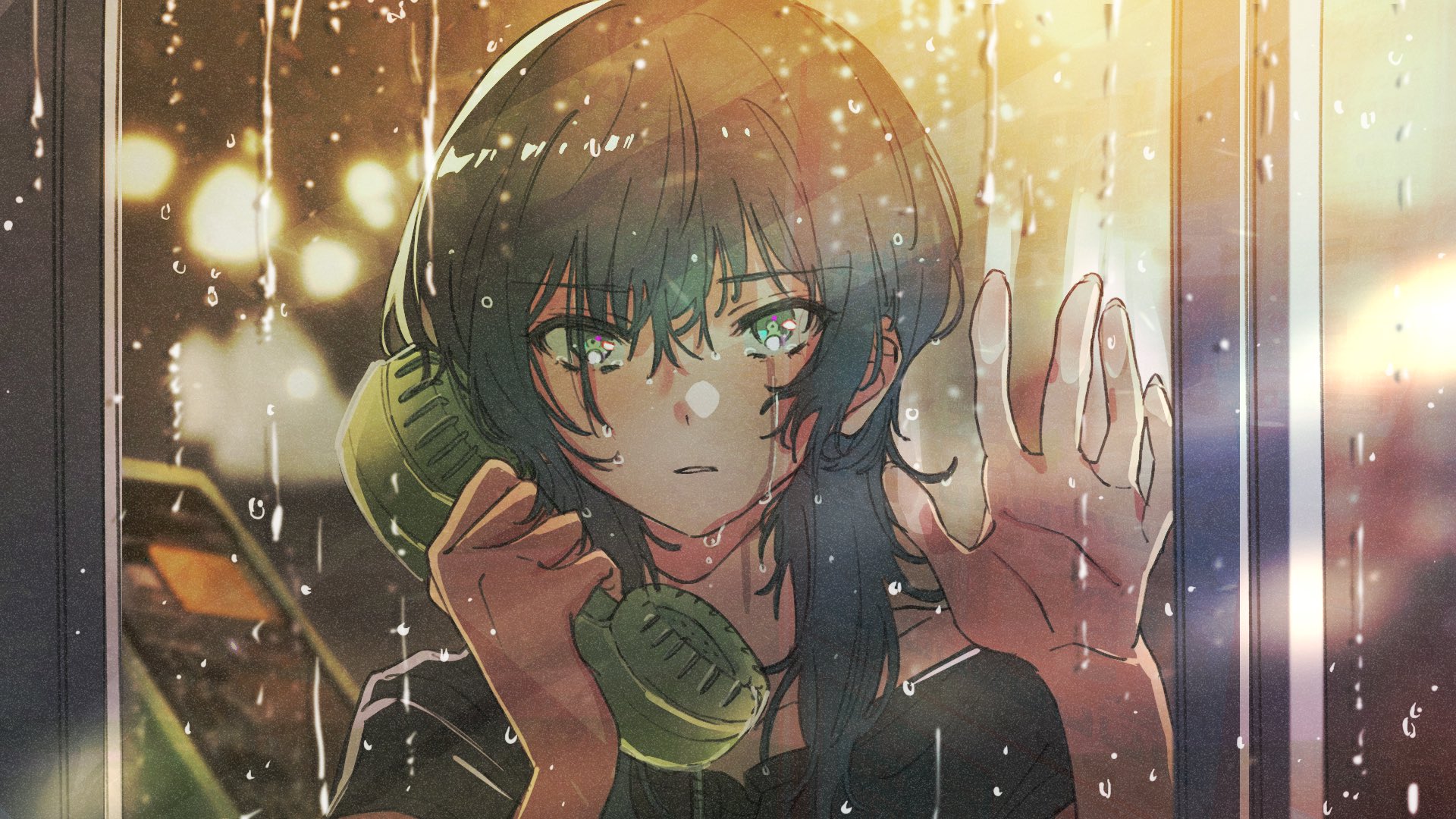 Anime Anime Girls Rain Crying Phone Box Black Hair Green Eyes Looking At Viewer Water Drops City Lig 1920x1080