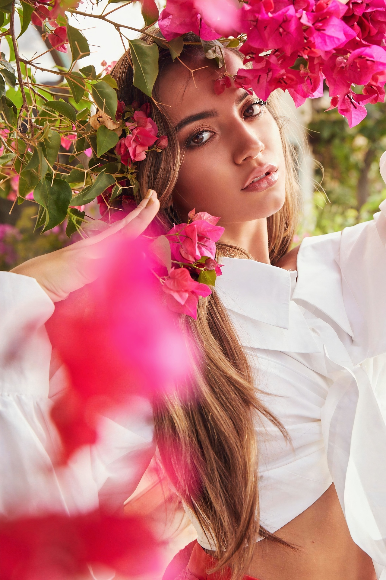 Isabela Merced Women Actress Latinas Peruvian Women Outdoors Sunlight Flowers Long Hair Brunette 1280x1920