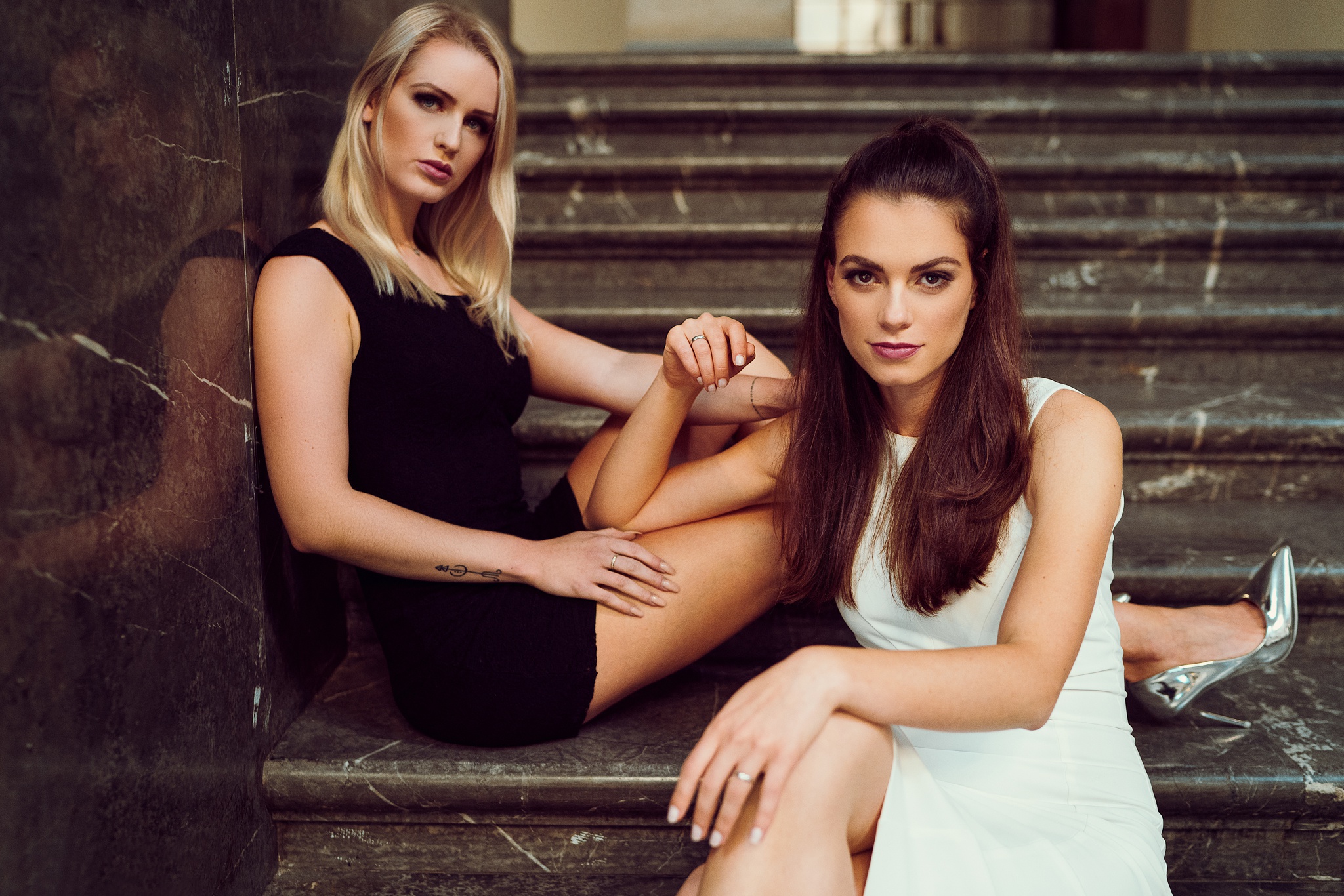 Women Model Two Women Looking At Viewer Long Hair Makeup Black Dress White Dress Inked Girls Stairs  2048x1366