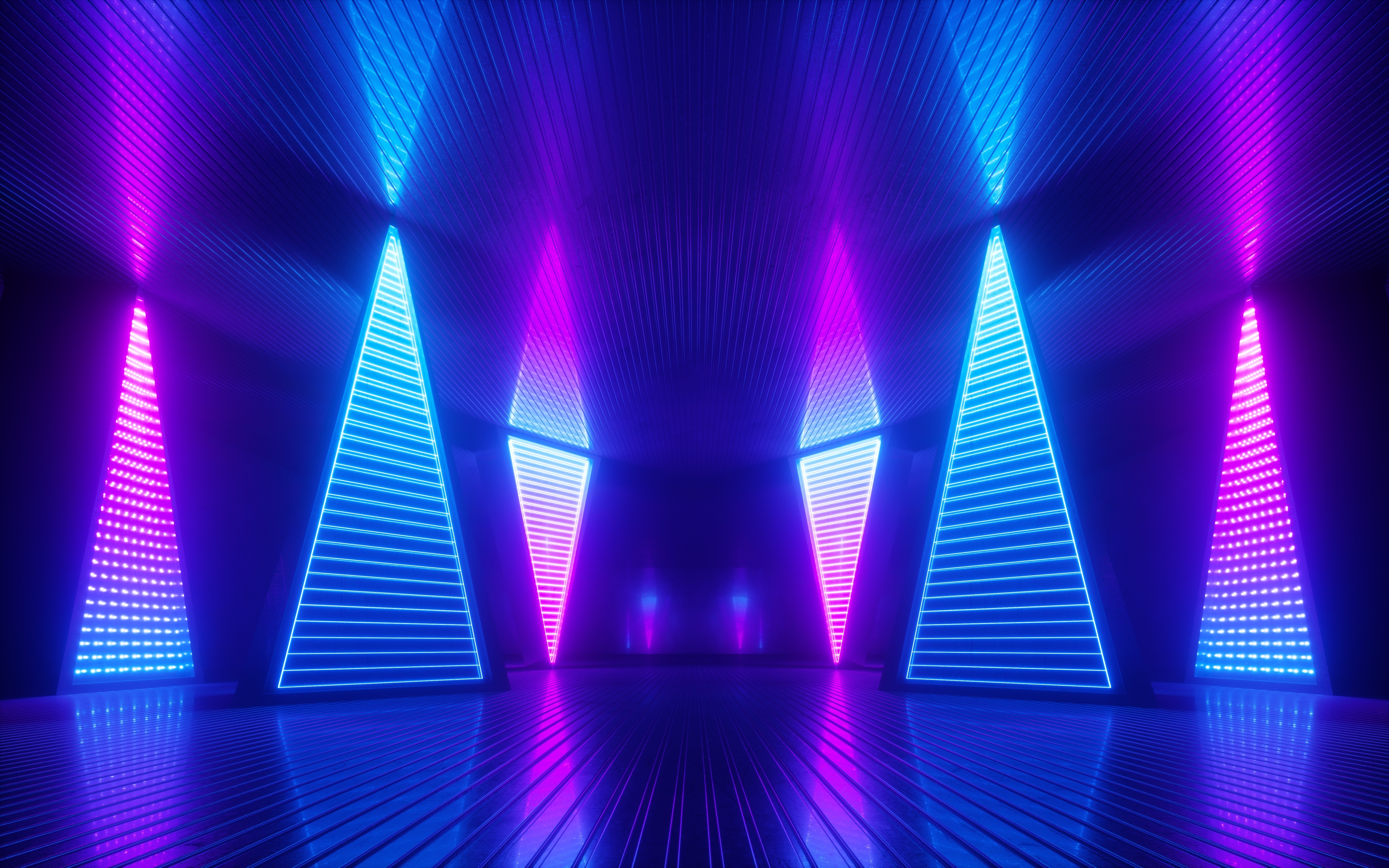 Neon Glowing Lights Colorful Triangle Abstract 3D Abstract Reflection Room Lines Blue Futuristic Pin 6000x3750