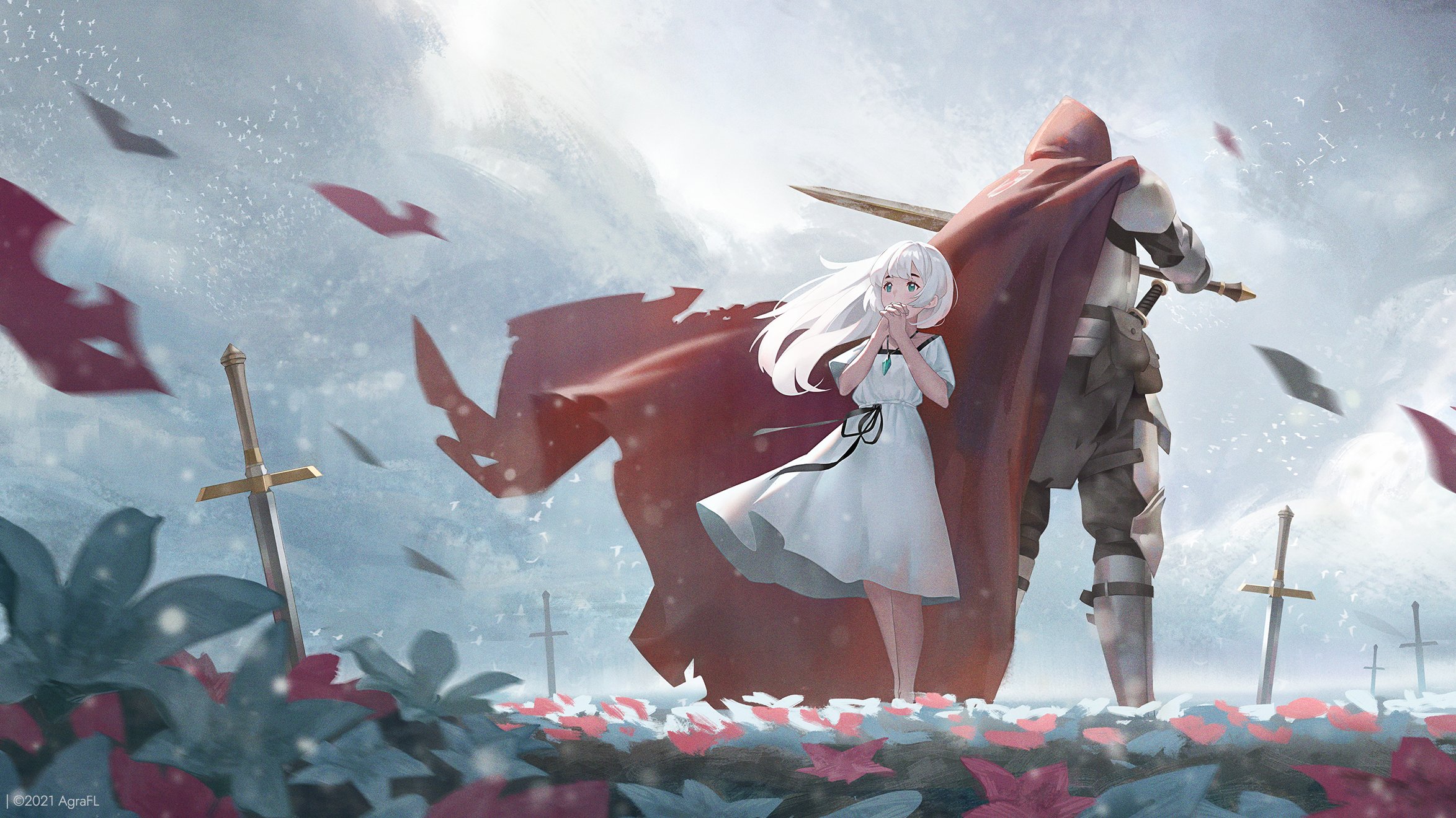 Anime Anime Girls Flowers Petals Cloack Green Eyes Blonde Long Hair Sword Clouds Birds Necklace Pray 2347x1320