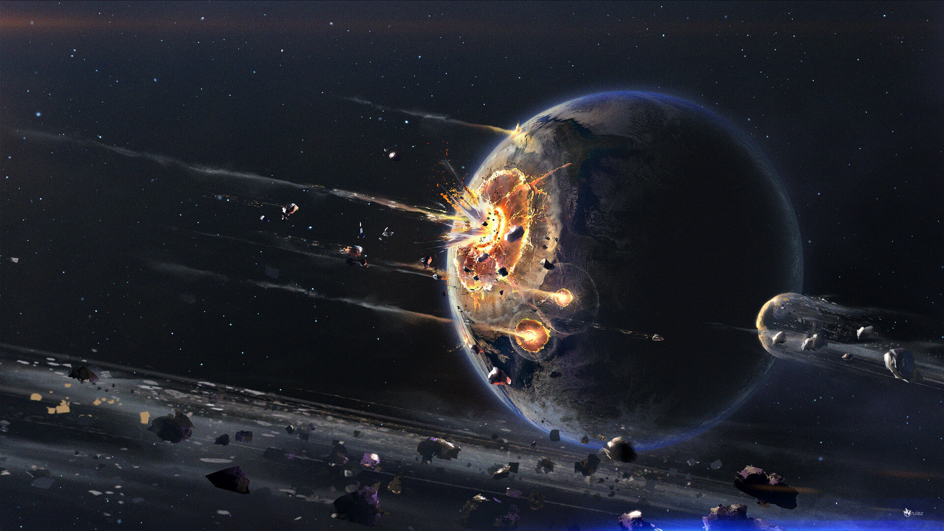 Planet Space Explosion Destruction Artwork Digital Art Digital Spaceship Stars Earth 1920x1080