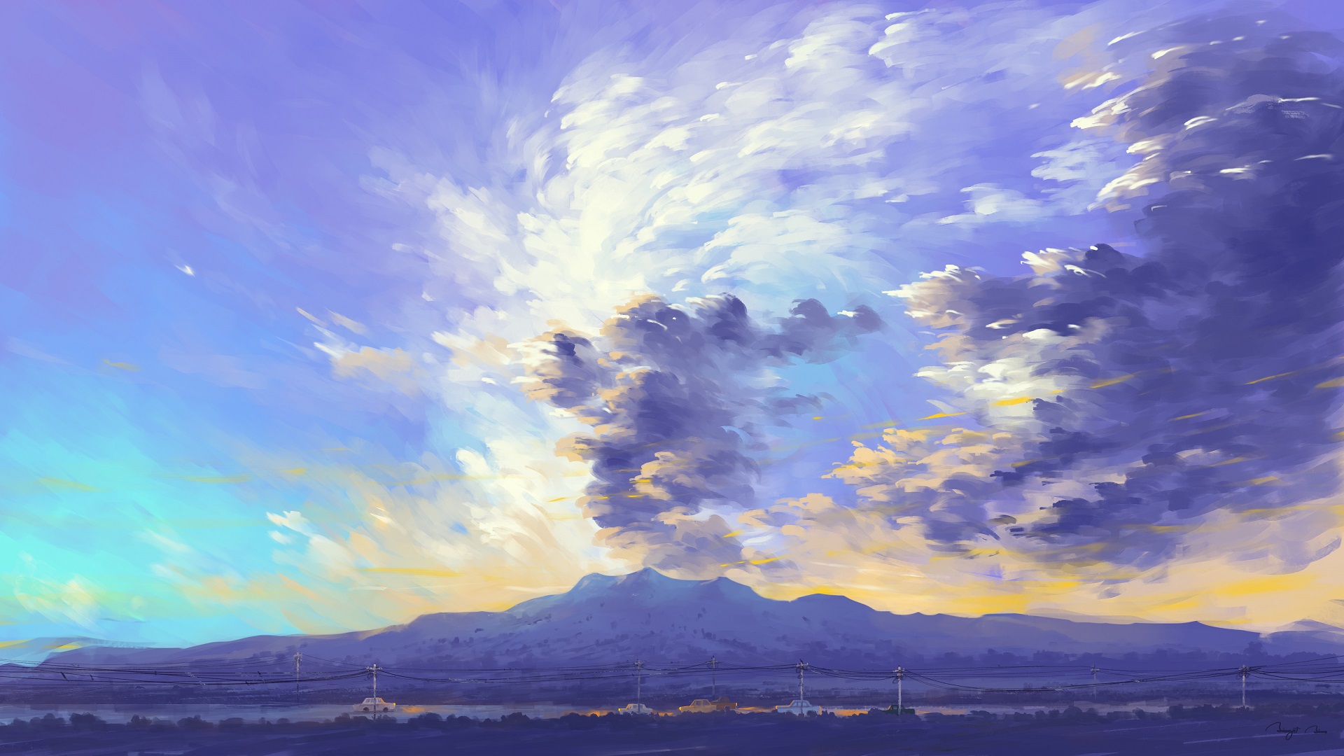 Landscape Clouds Sunset Mountains Digital Painting BisBiswas 1920x1080