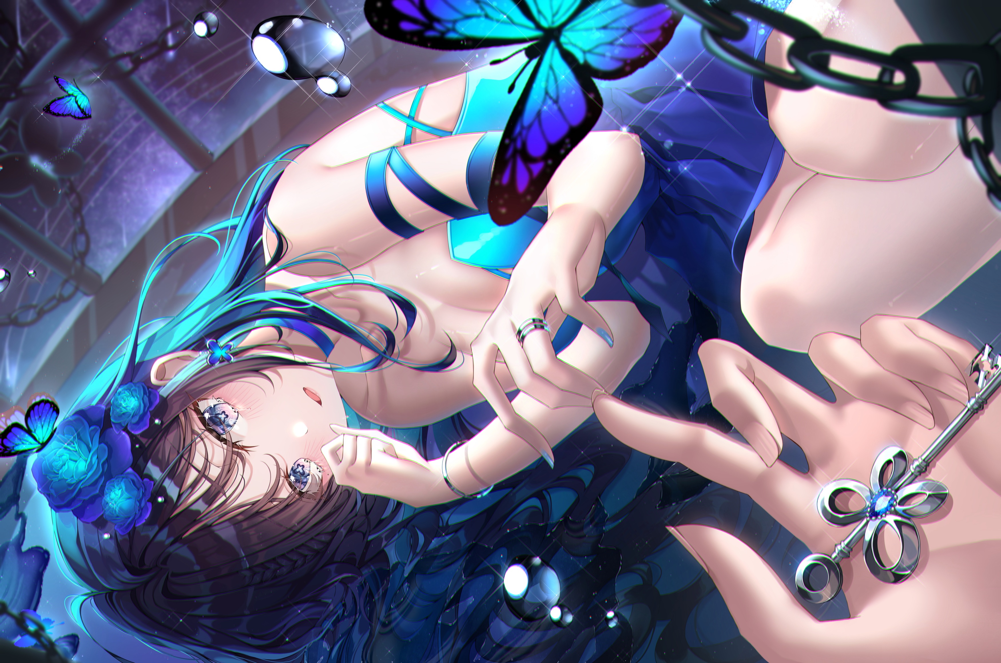Anime Anime Girls Brunette Flower In Hair Butterfly Blue Nails 3500x2317