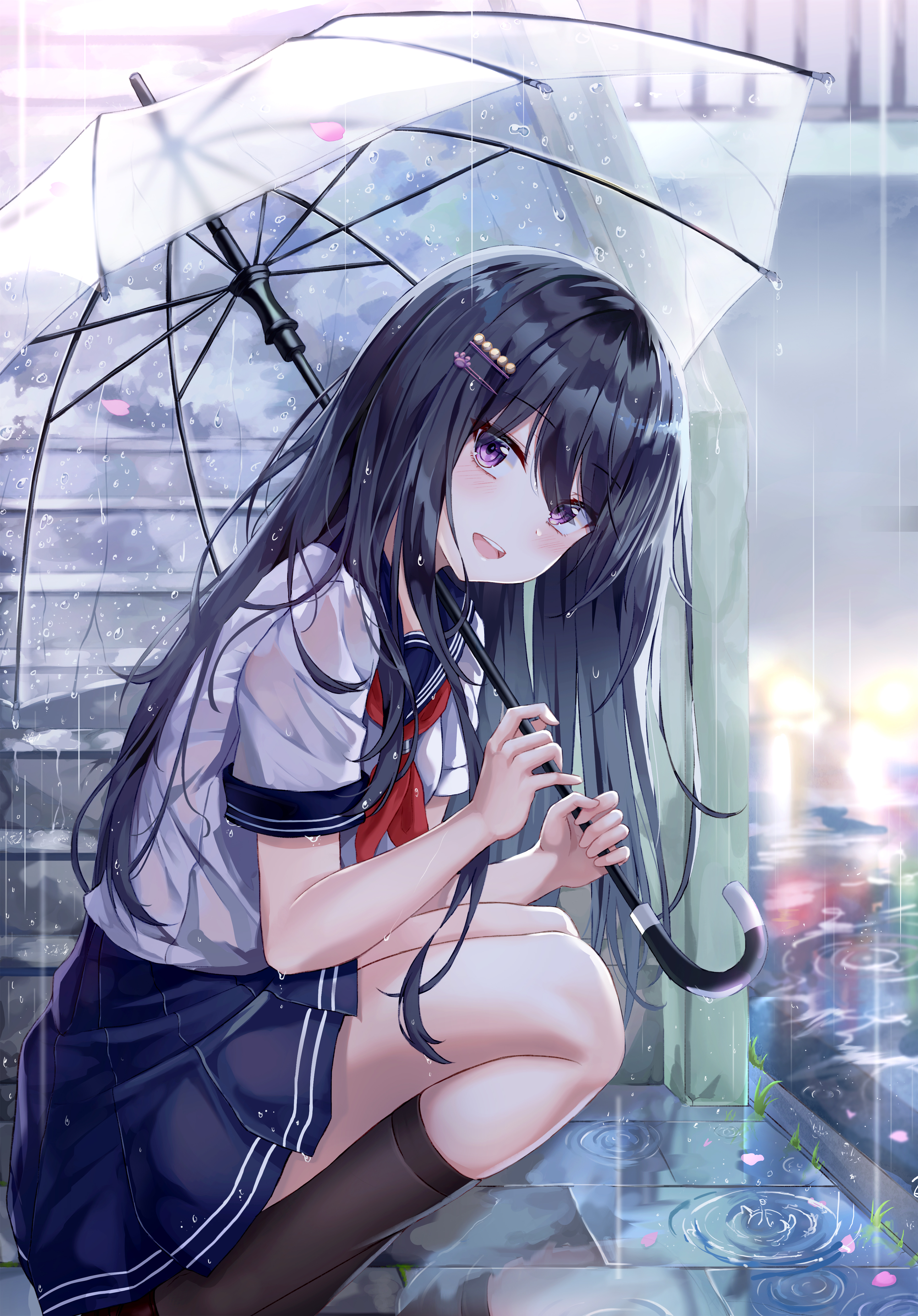 Anime Anime Girls Rain Umbrella School Uniform Dark Hair Purple Eyes Artwork Lkeris 3200x4585
