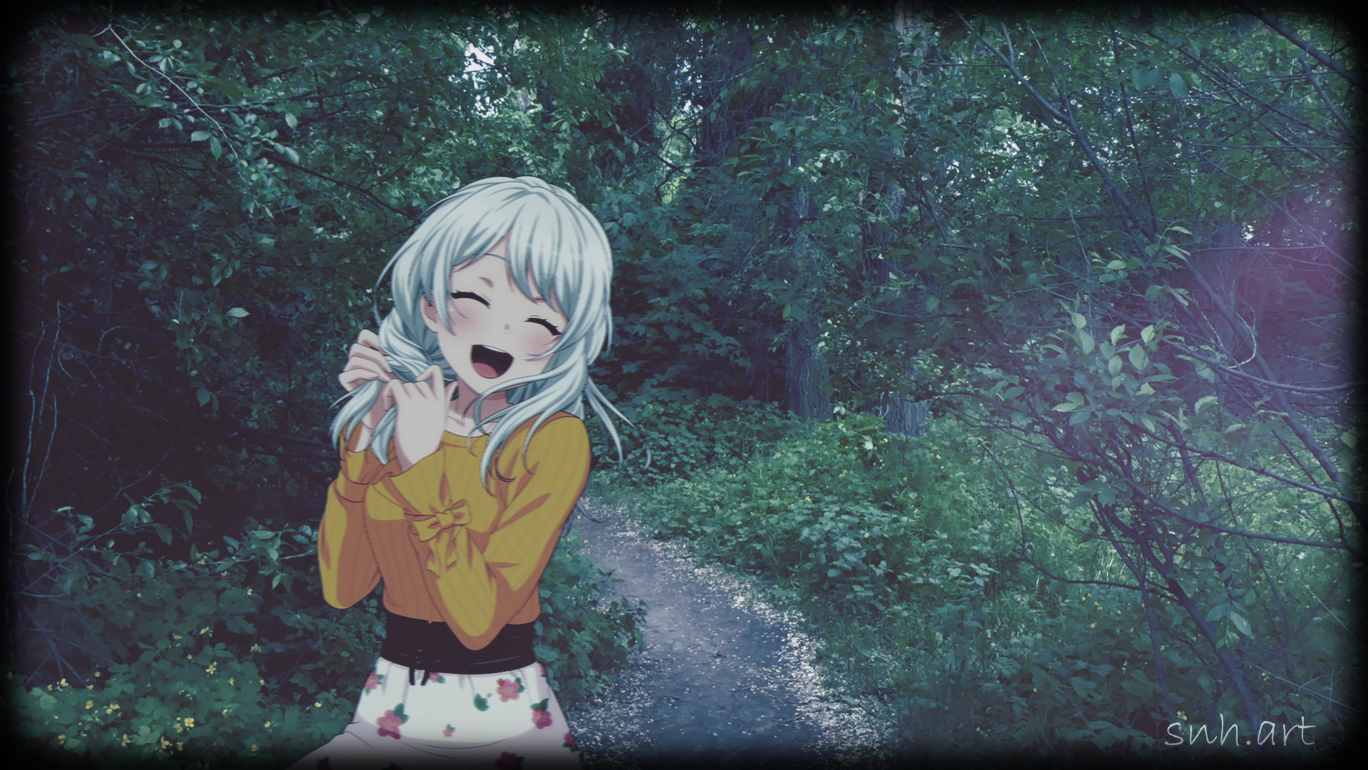Anime Girls Animeirl Forest Pathway Happy Smile Path 1920x1080