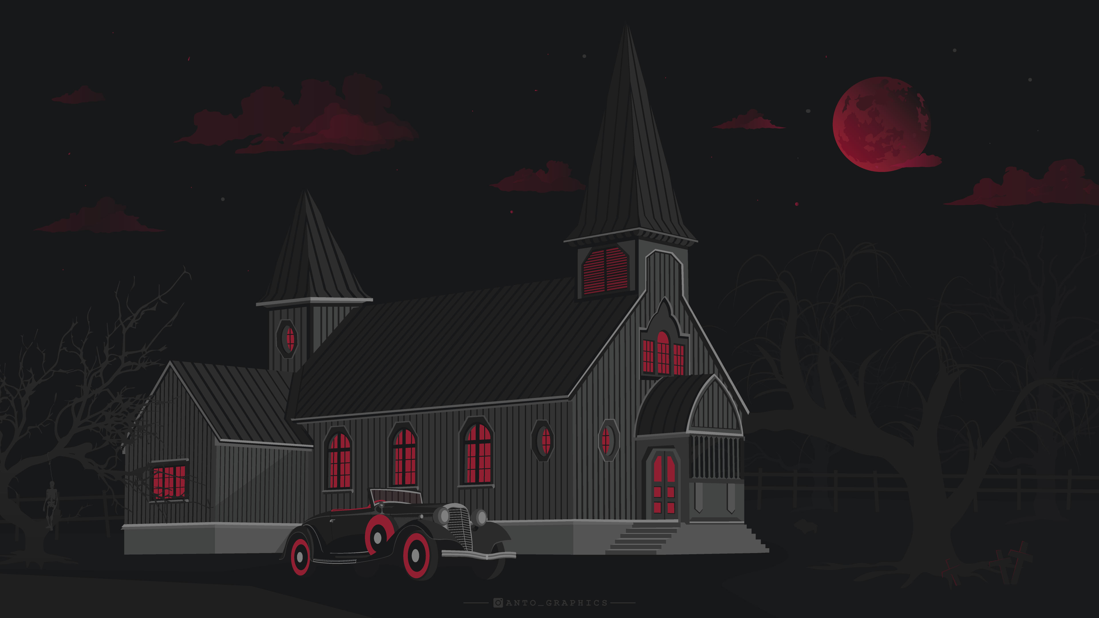 Antographics Blood Moon Moon Castle House Forest Trees Silhouette Red Neon Vintage Vintage Car Dark  3840x2160