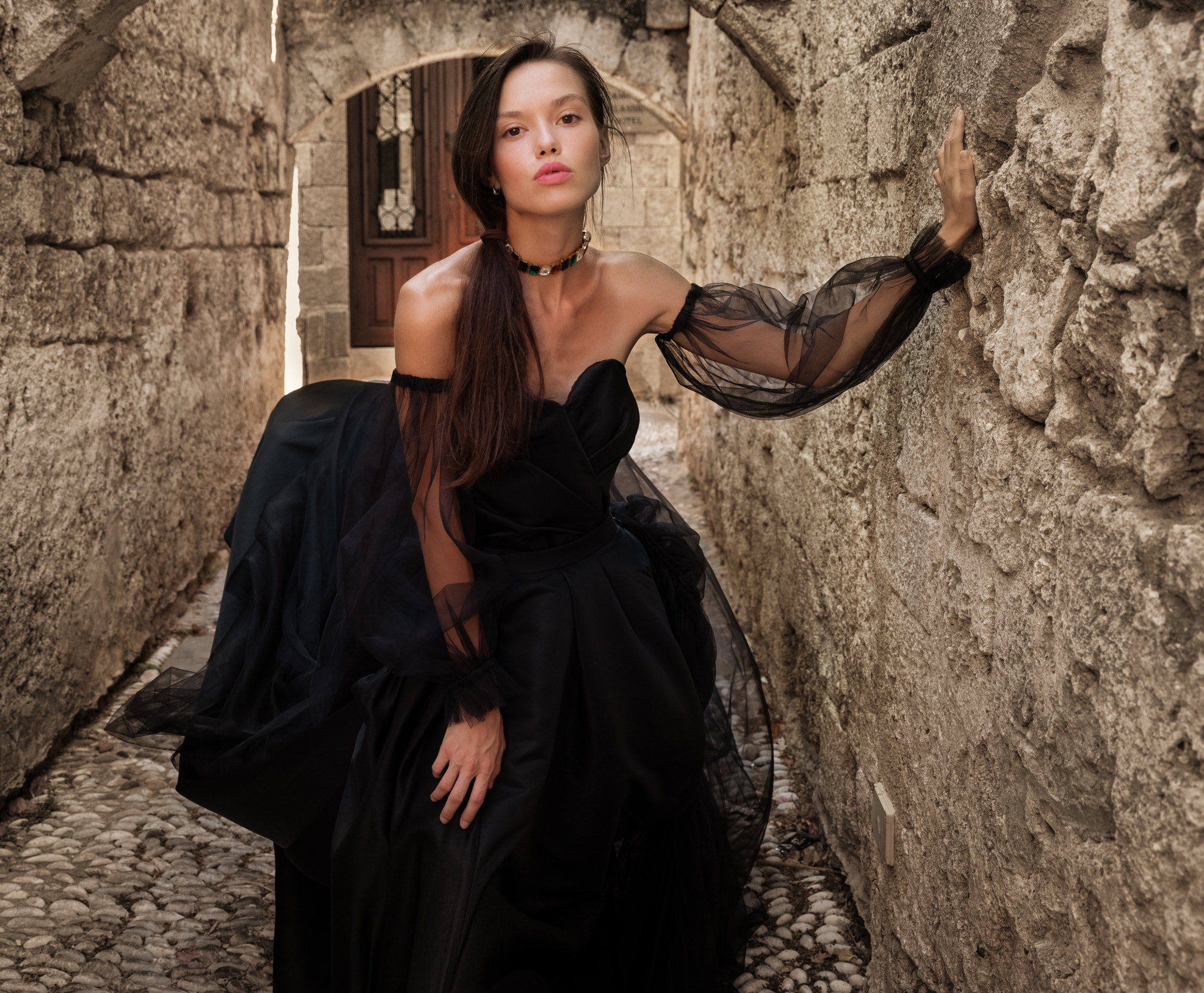 Joachim Bergauer Women Brunette Long Hair Looking At Viewer Dress Black Clothing Alleyway 2048x1689