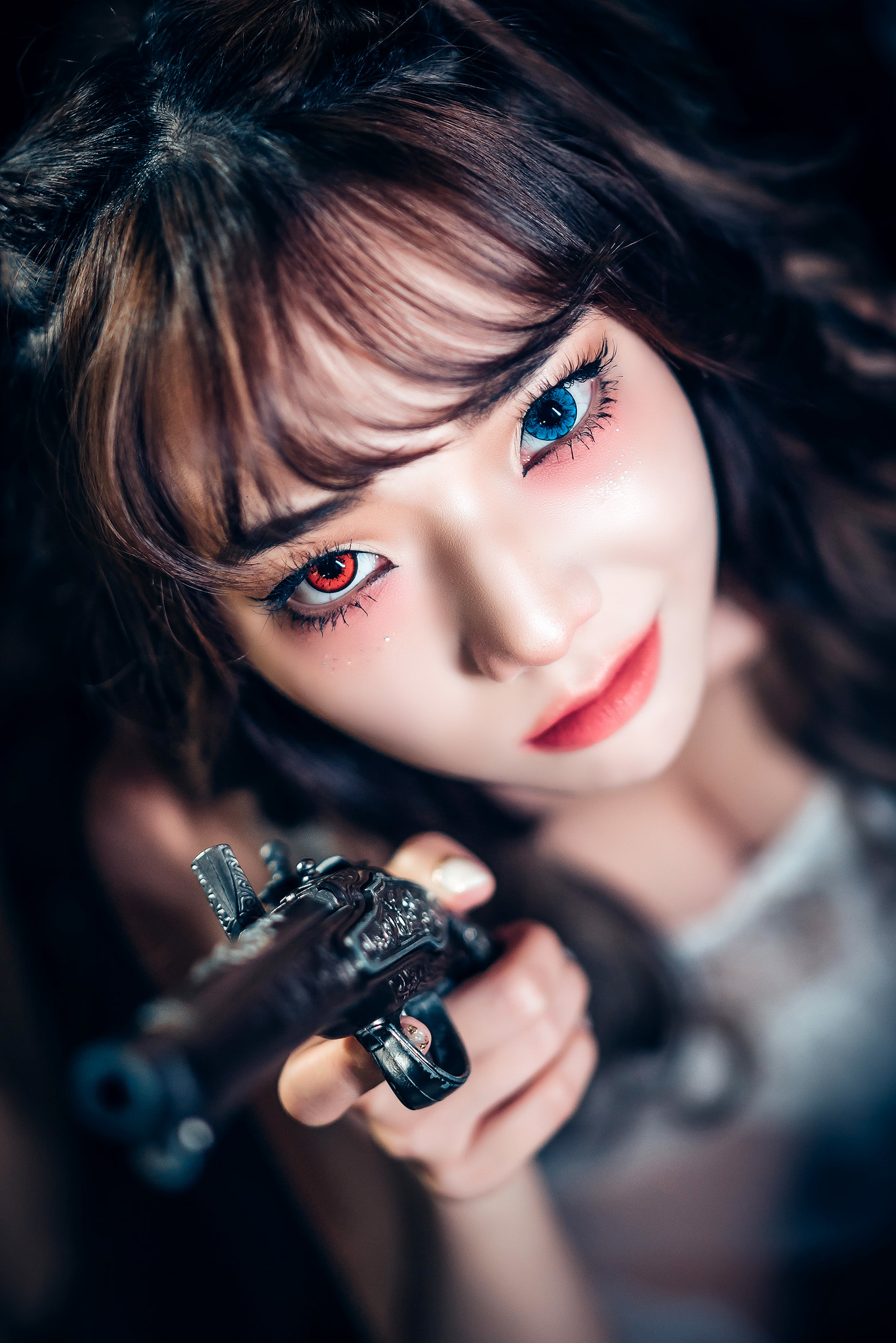 Asian Model Women Gun Heterochromia Contact Lenses Face Closeup Dark Hair Looking At Viewer Aiming R 1366x2047