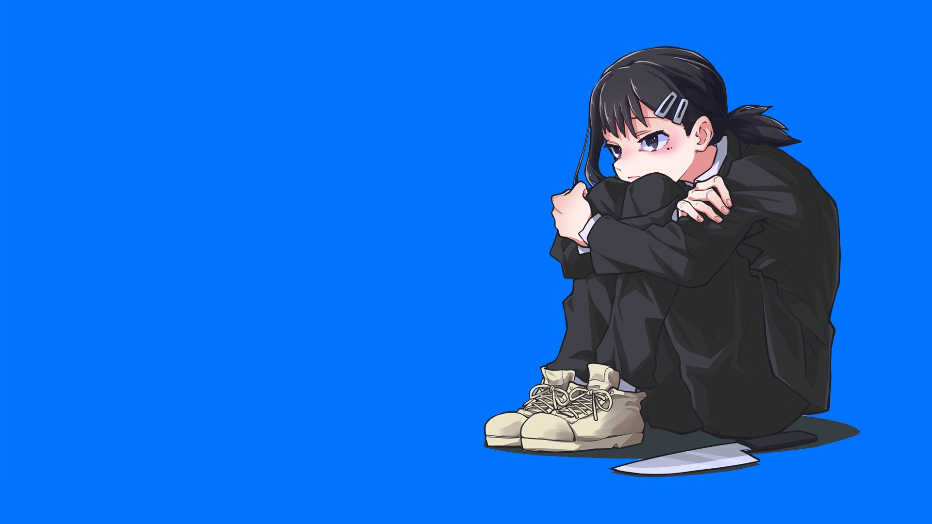 Anime Chainsaw Man Knife Anime Girls Sitting Blue Background Simple Background Black Hair Arms Cross 1920x1080
