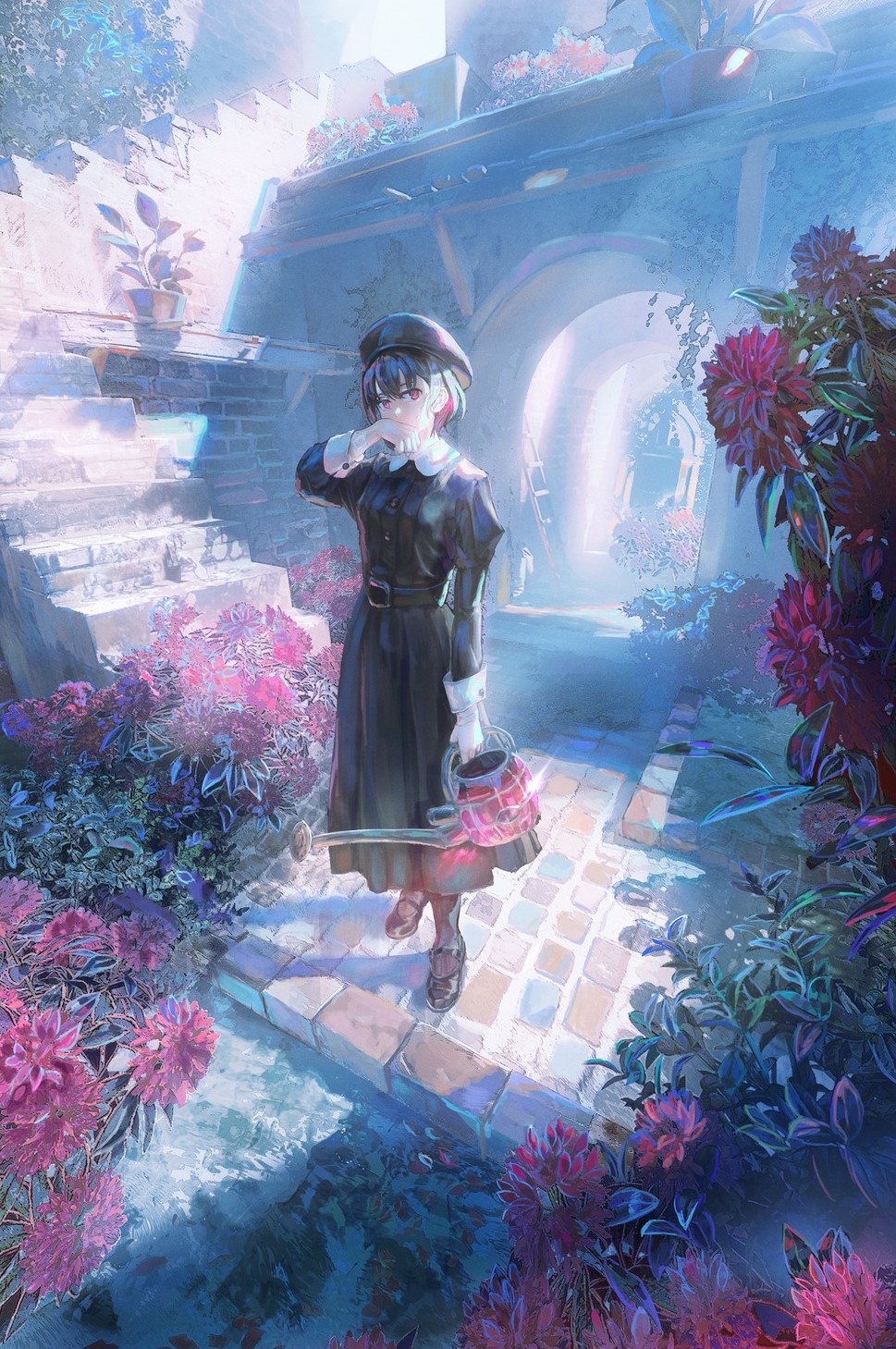 Anime Anime Girls Dress Berets Short Hair Flowers Watering Can 969x1459