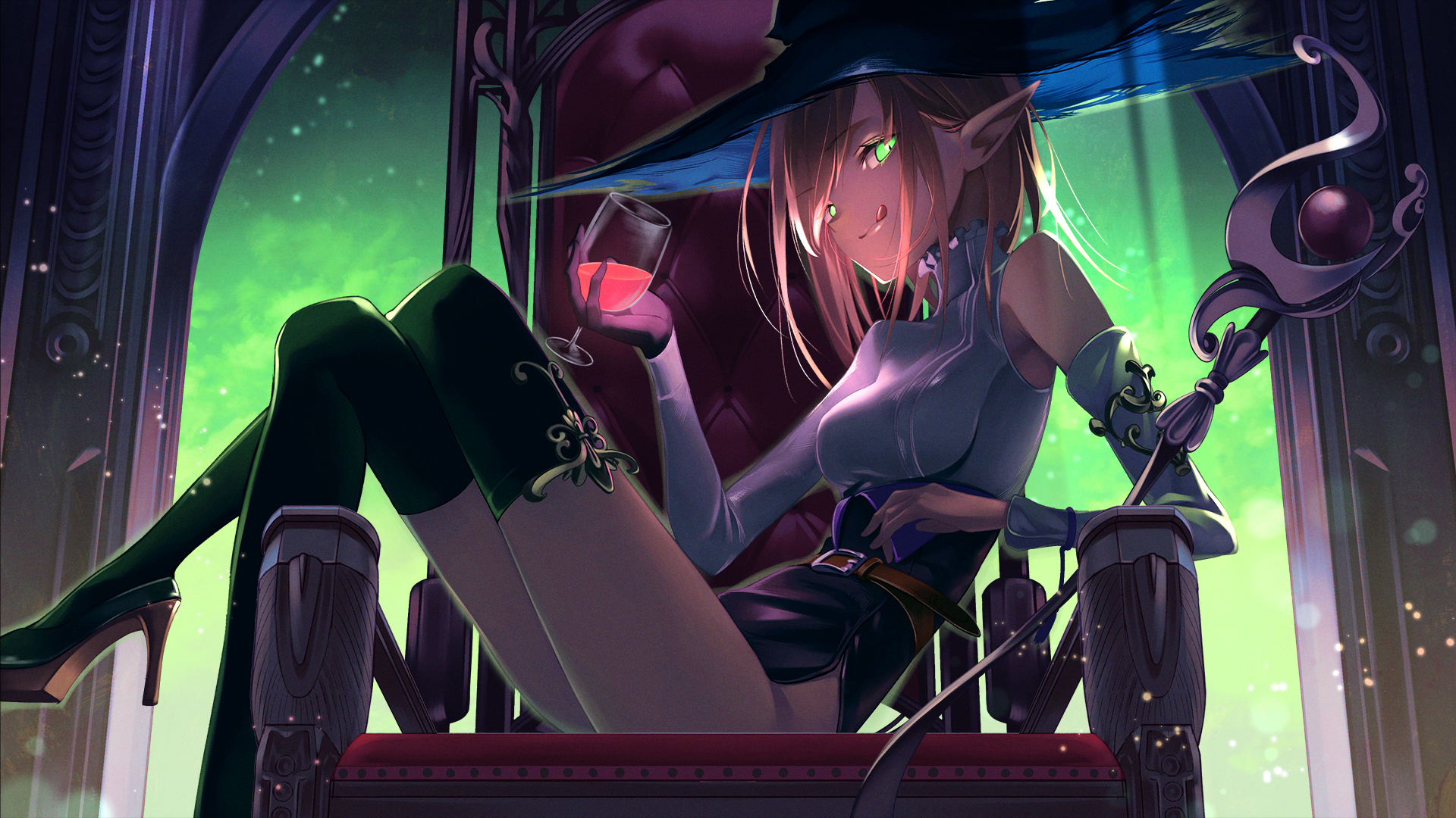 Original Characters Witch Witch Hat Thigh Highs Staff Pointed Ears Green Eyes Brunette High Heels Si 1920x1080