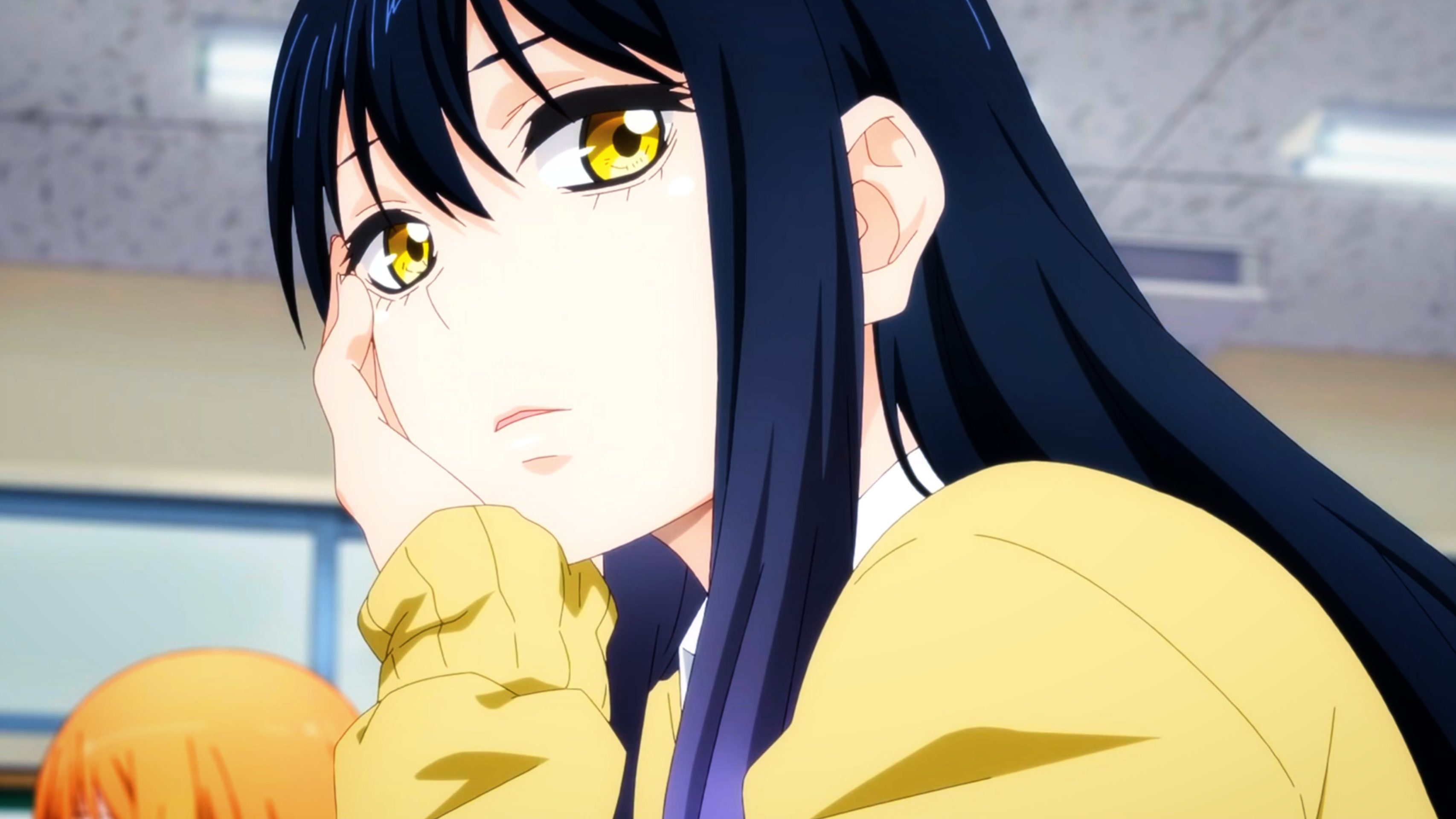 Mieruko Chan Anime Girls Anime Face Closeup Blue Hair Long Hair Yellow Eyes Women Indoors Looking At 3413x1920