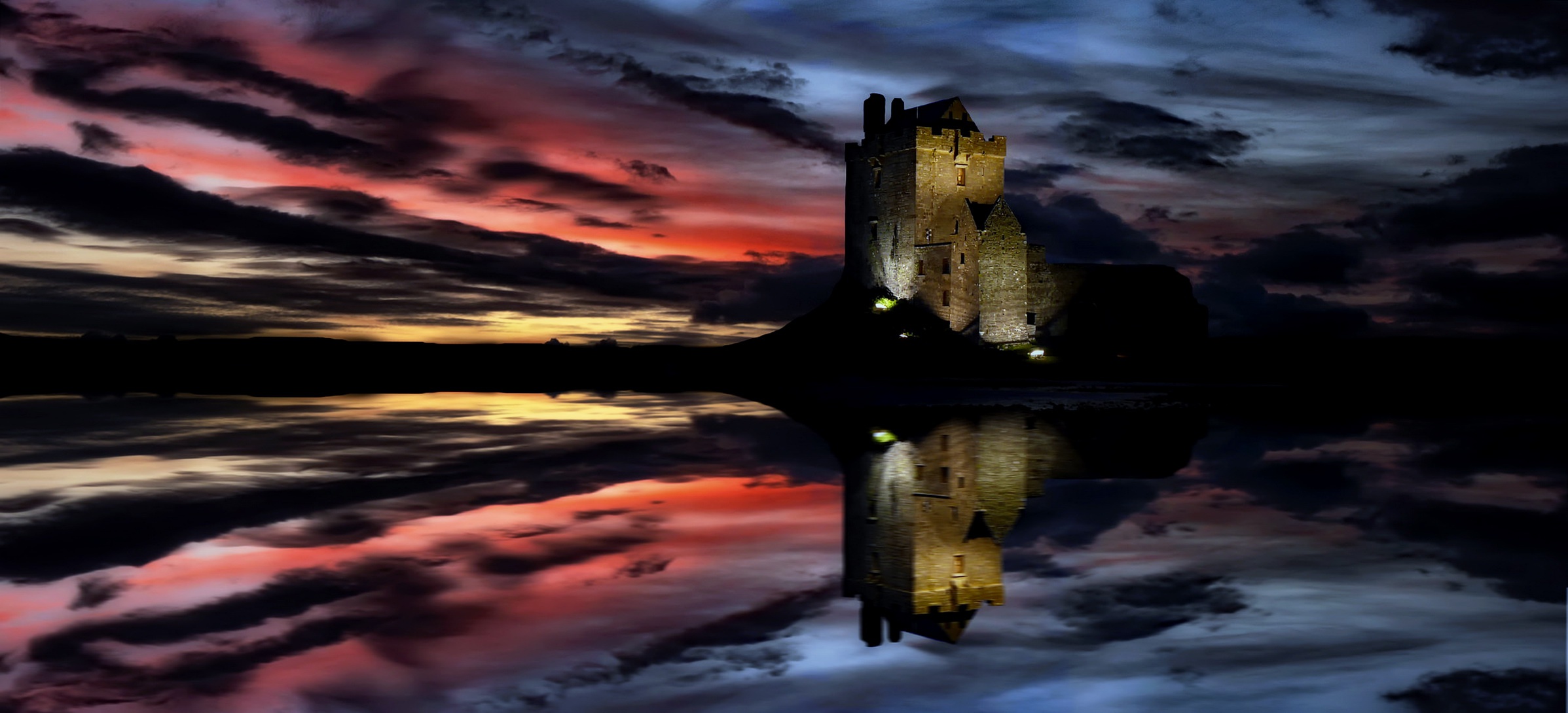 Dunguaire Castle Ireland Reflection Night Lake Cloud 2395x1090