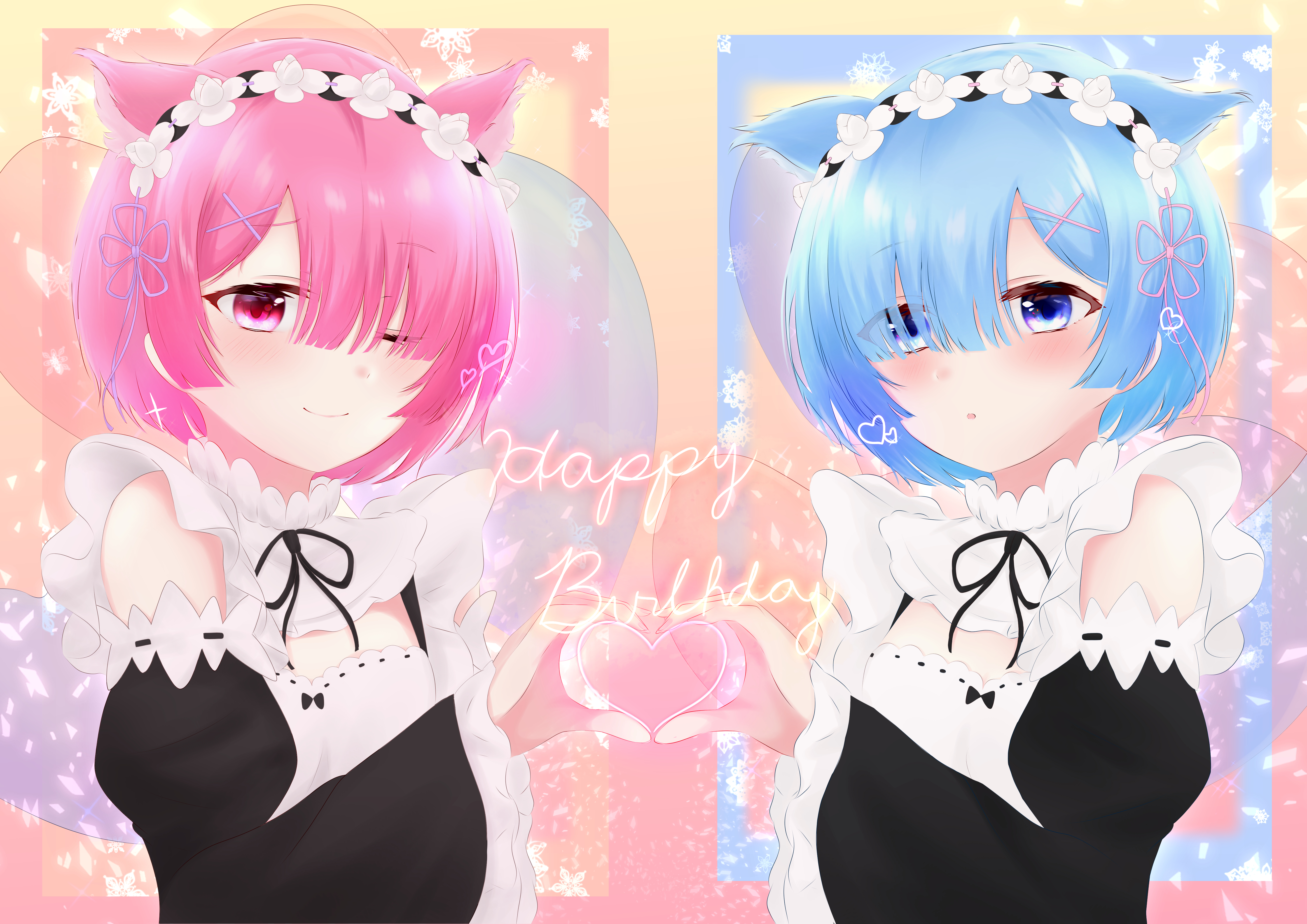 Happy Birthday Cat Ears Anime Anime Girls Twins Maid Maid Outfit Blue Hair Pink Hair Rem Re Zero Ram 5787x4093