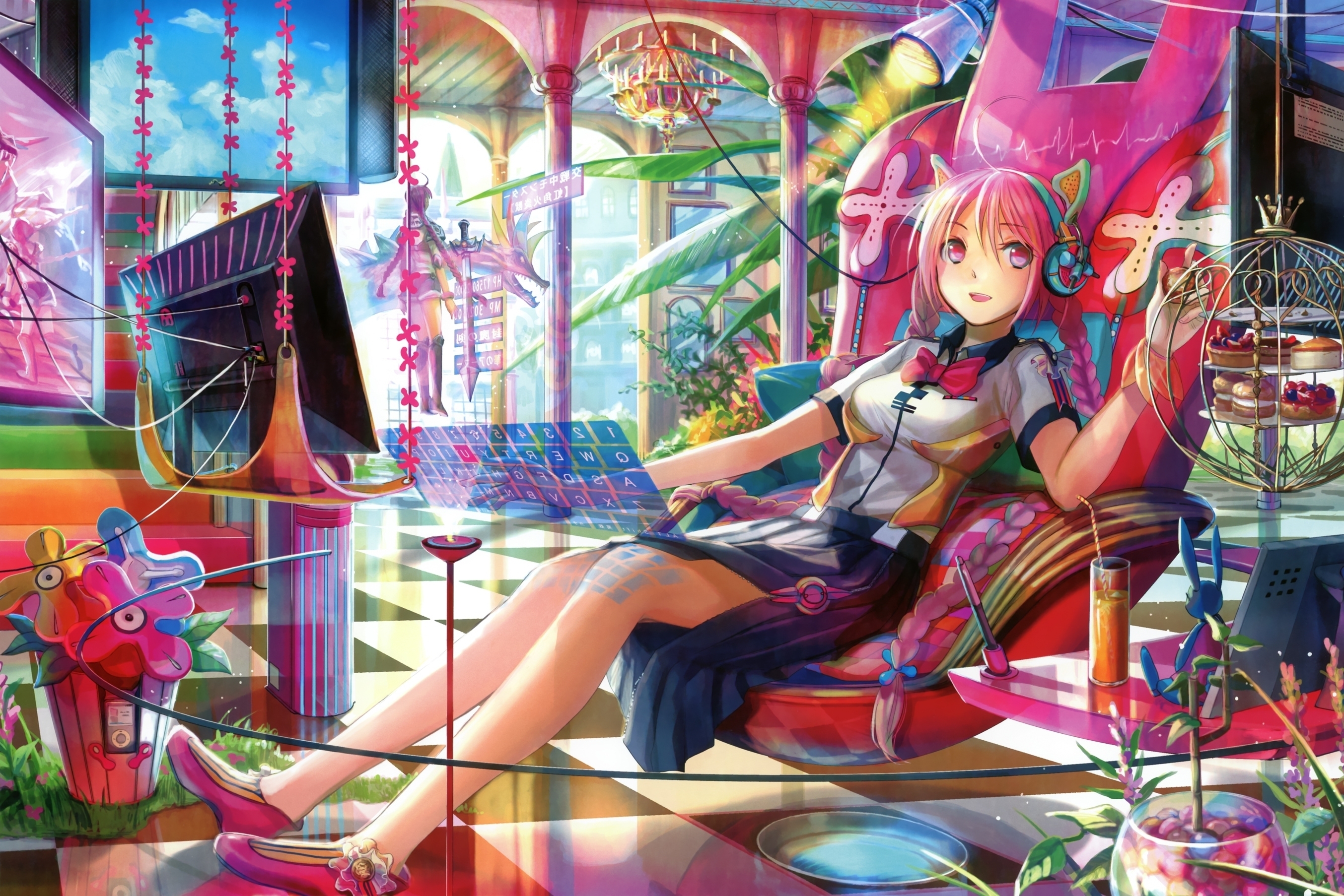 Anime Pink Hair Headphones Chair Plants Pink Eyes Pastries Tech Anime Girls Fuji Choko 2707x1806