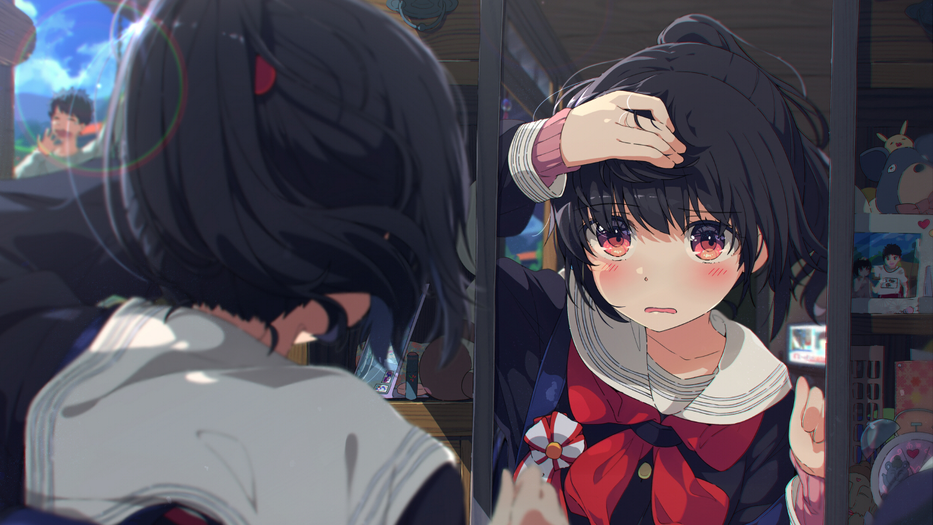 Anime Anime Girls Original Characters Artwork Ogipote Cropped Black Hair Red Eyes Blush Reflection S 1920x1080