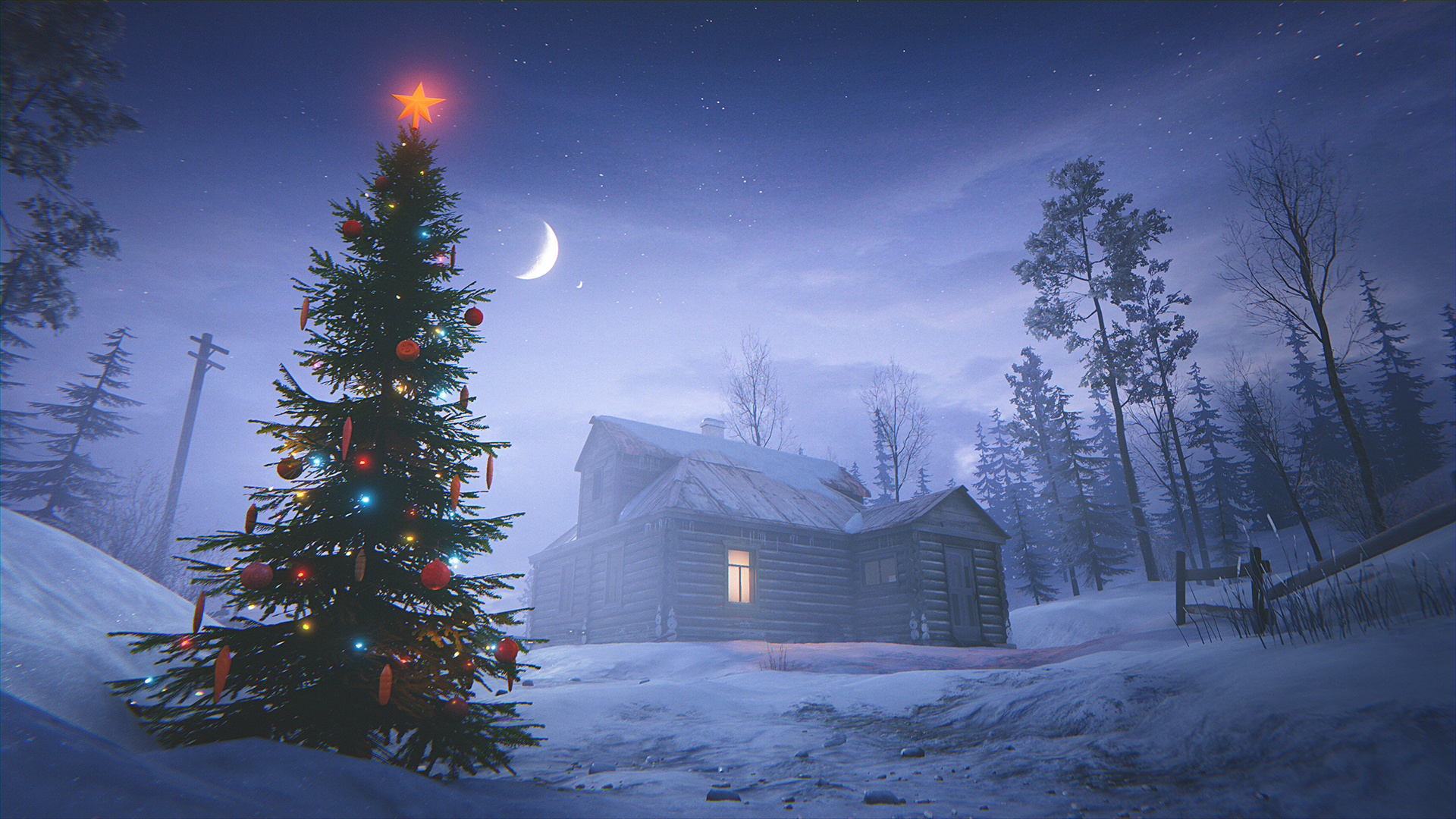 3D New Year Christmas Tree 35MM Snow Moon Night Stars House CGi 1920x1080