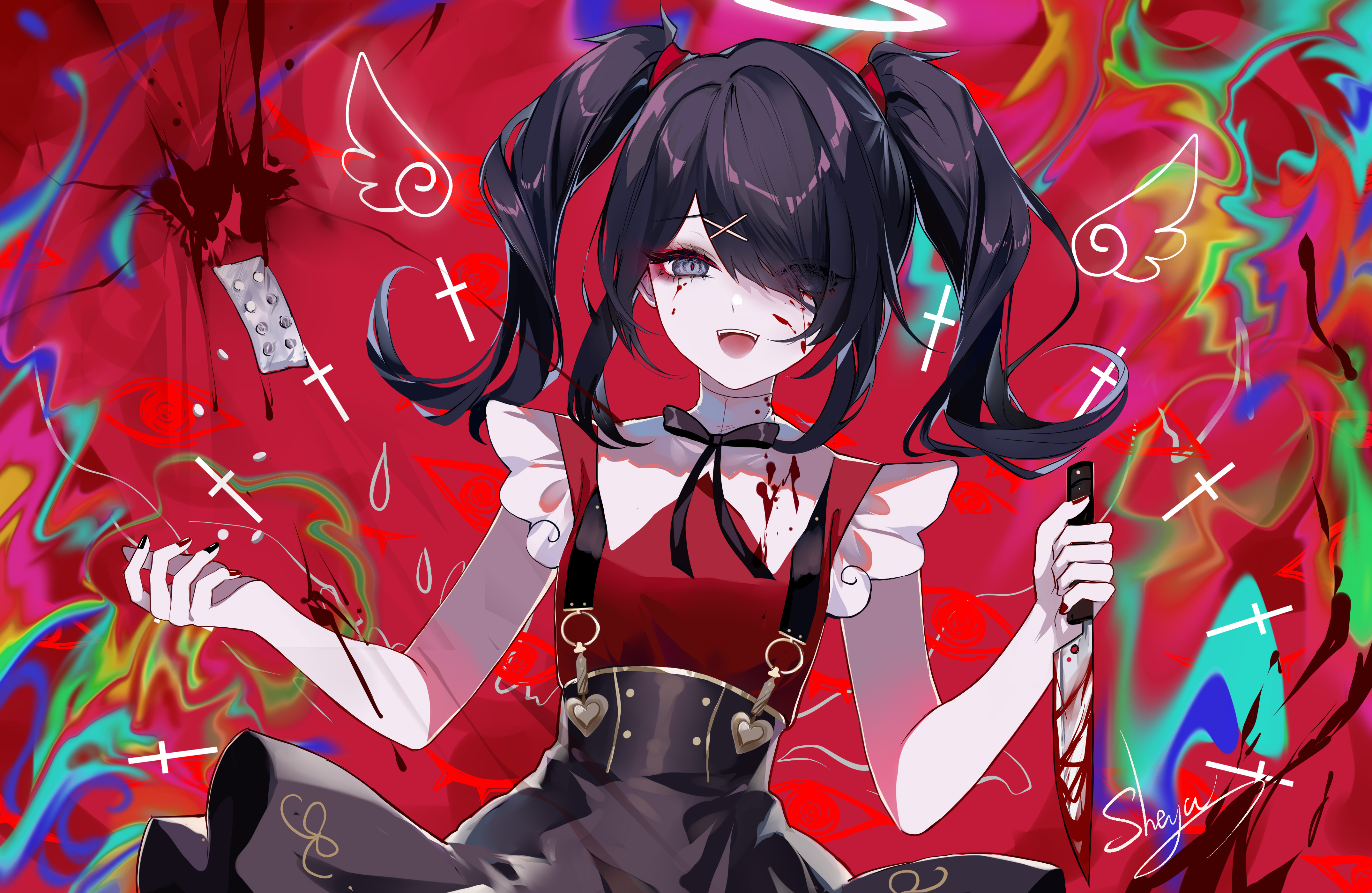 Anime Anime Girls Red Background Knife Pills Painted Nails Hair In Face Dark Hair Looking At Viewer  4300x2800