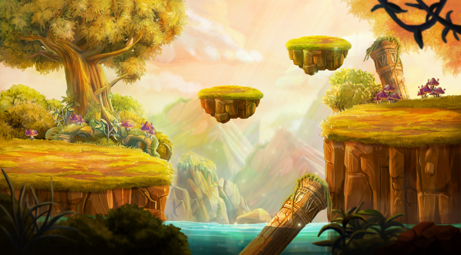 Digital Art Fantasy Art Floating Island Trees Mushroom Mountains Column Water Cliff 1920x1065