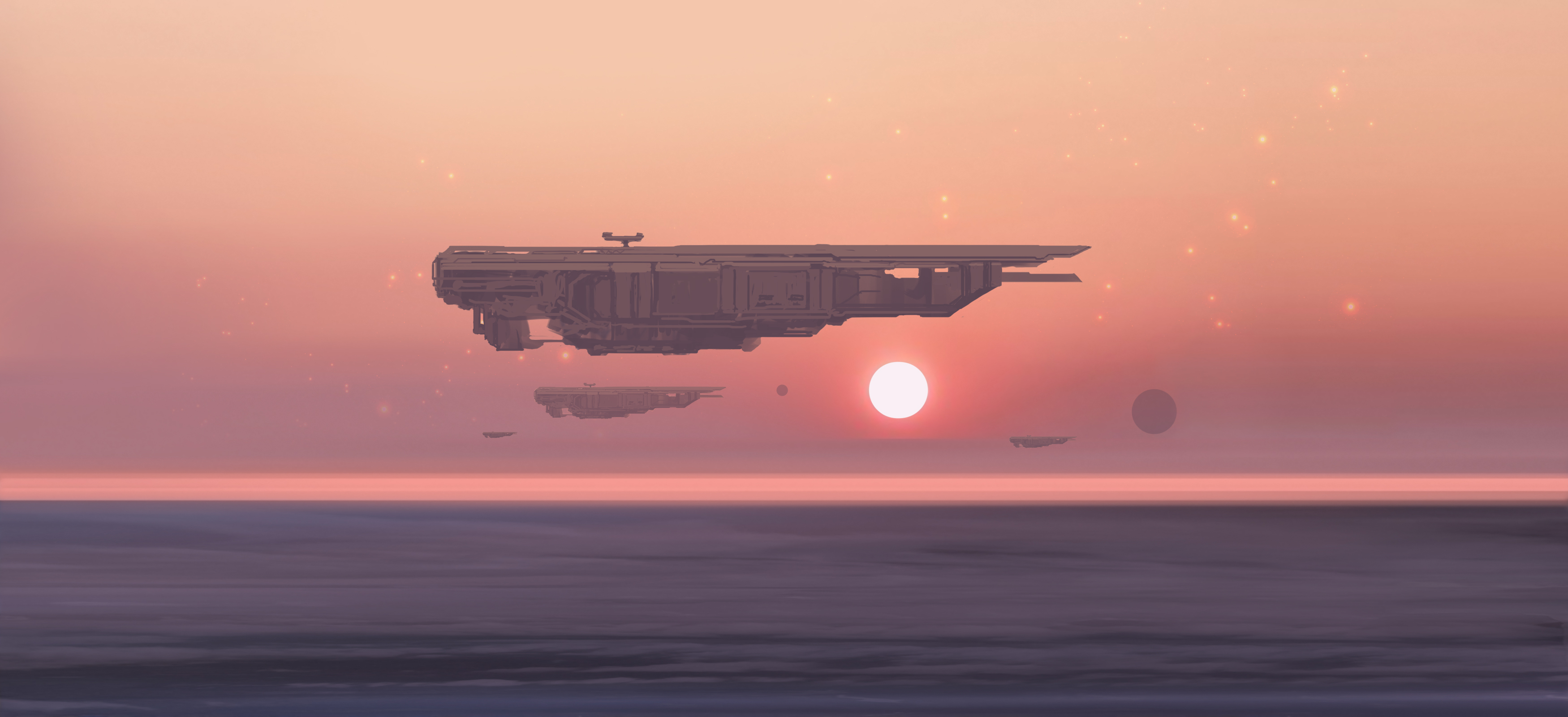Digital Art Science Fiction Sun Sunset Spaceship Artwork Futuristic Sky Sea 3500x1600