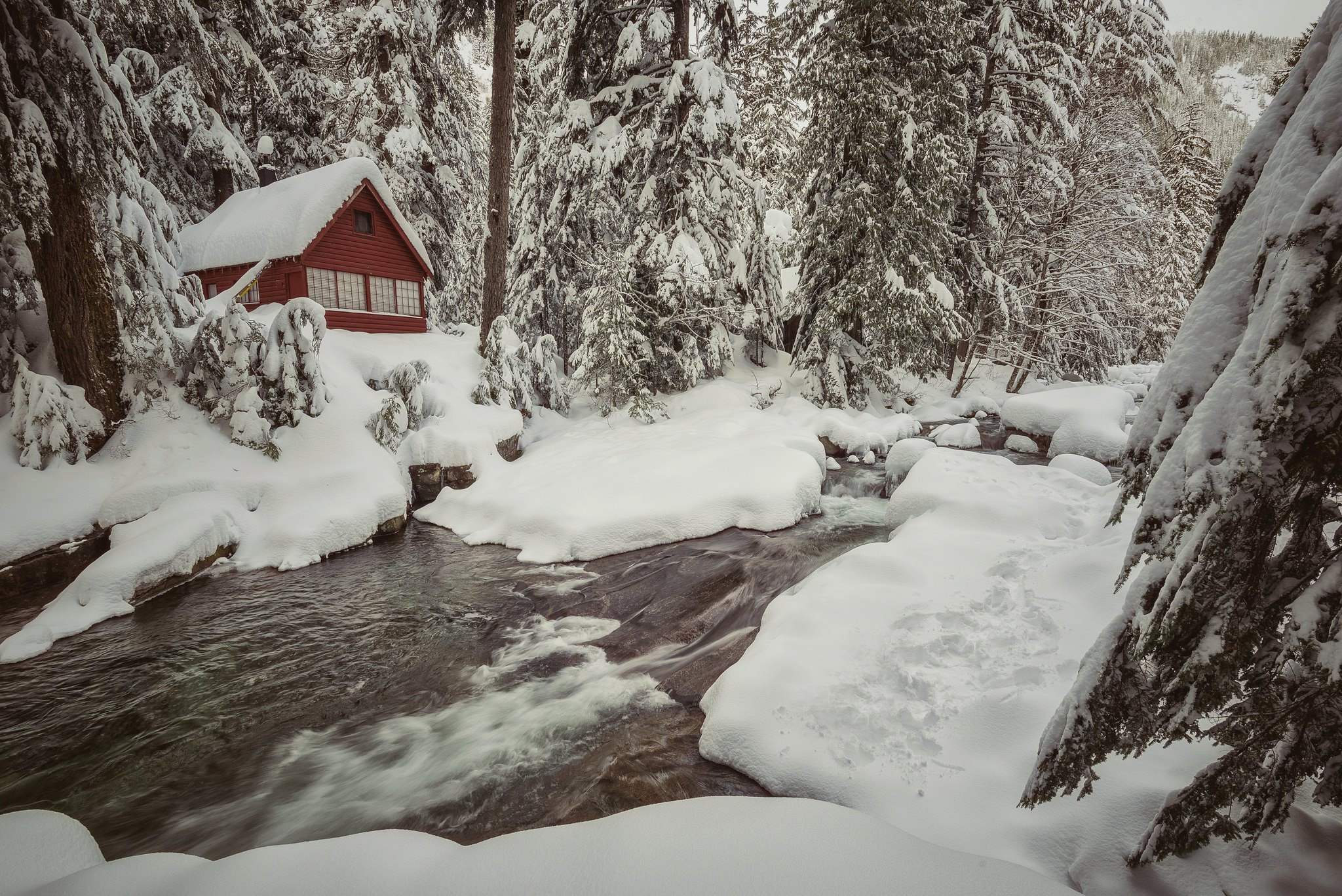 Forest Snow House Stream River Pine 2048x1367