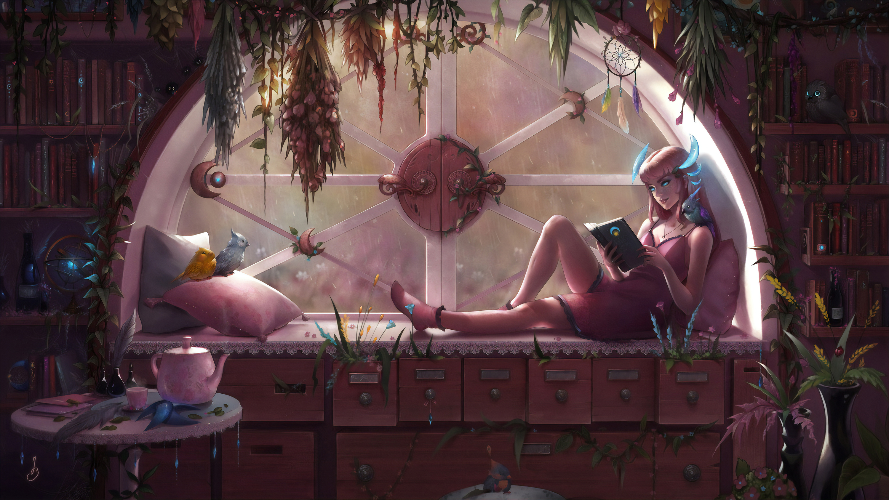 Blue Eyes Girl Library Pink Hair Reading Woman 3000x1688