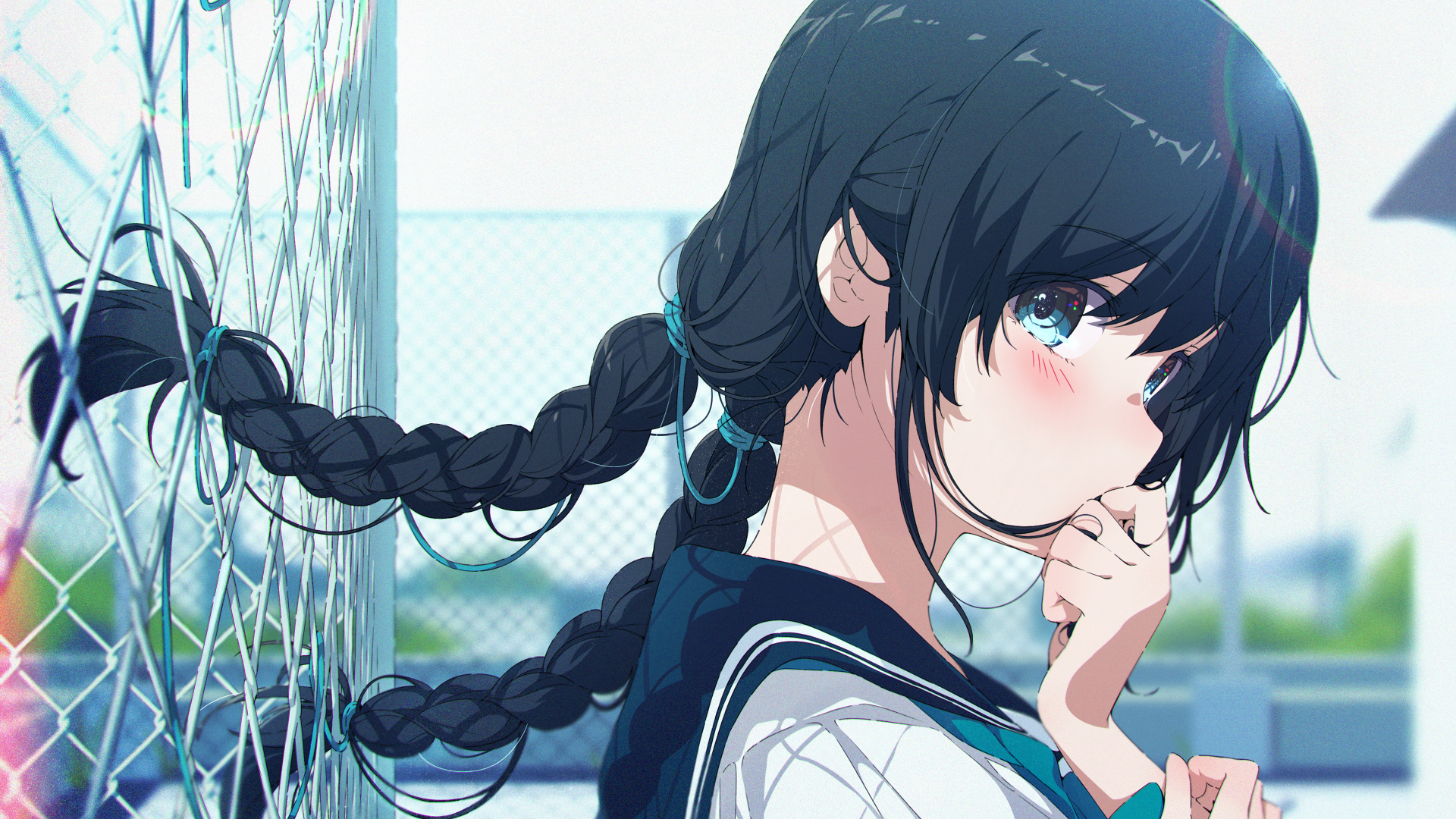Anime Anime Girls Dark Hair Long Hair Sailor Uniform Metal Grid Pigtails Depth Of Field Blue Eyes Ri 1920x1080